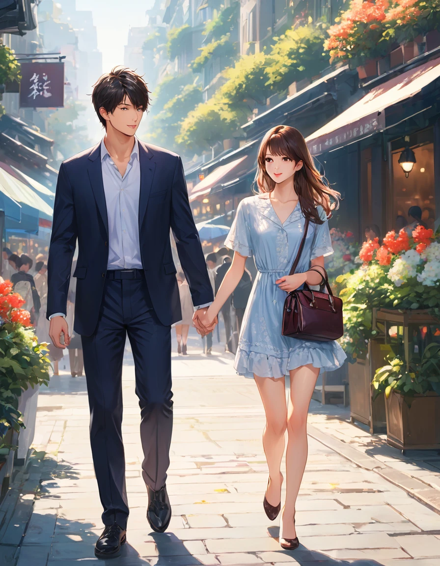 One girl，Super detailed，High resolution，masterpiece，by_style，boyfriend_Holding_hand，1 観客とhandをつなぐ少女，Walking while looking at me, Let&#39;s take a walk on the bridge, From above,