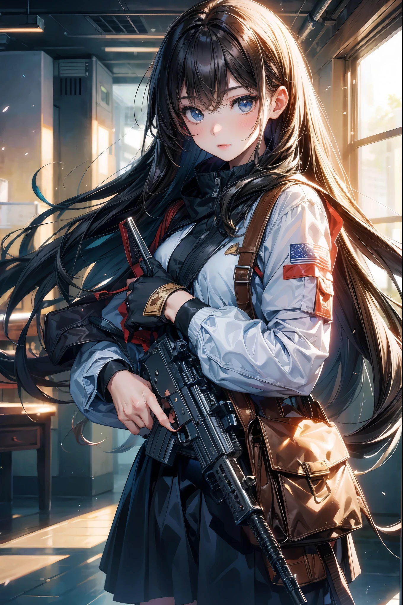 masterpiece, best quality, 1 boy, Cowboy shooting, Delicateeyes, Uniform,  AK 47, AKM, Kalashnikov_步gun, assault_步gun, Keep_gun