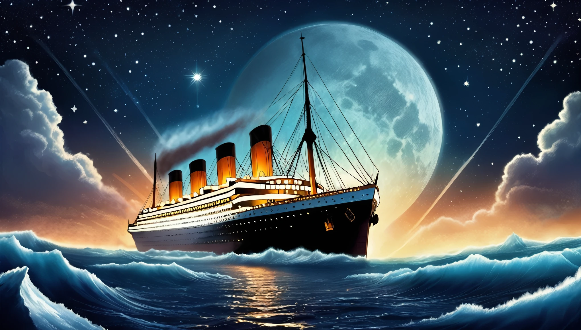 A Dreamworks-style animation of the Titanic cruising through a dark ocean under a starry sky, with a large iceberg nearby. The ship's lights glow softly, highlighting its intricate details and majestic structure. Smokestacks are vividly colored, and the scene is digitally enhanced for a dramatic effect.
