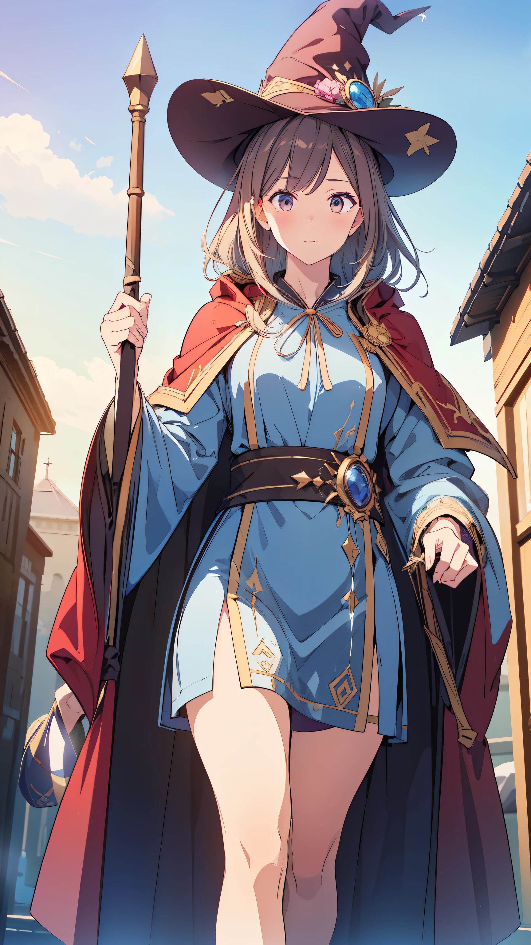 ((Top quality, 4k, 8k, high resolution, masterpiece: 1.2))), (super detailed), (realistic), (photorealistic), (photorealistic: 1.37), (HDR, UHD), (studio (lighting), ultra-fine drawing, sharp focus, physically based rendering, highly detailed, professional, vibrant colors, wizard, wizard hat, With a look of exasperation, dressed in robes and holding a staff, magic robe, walking,