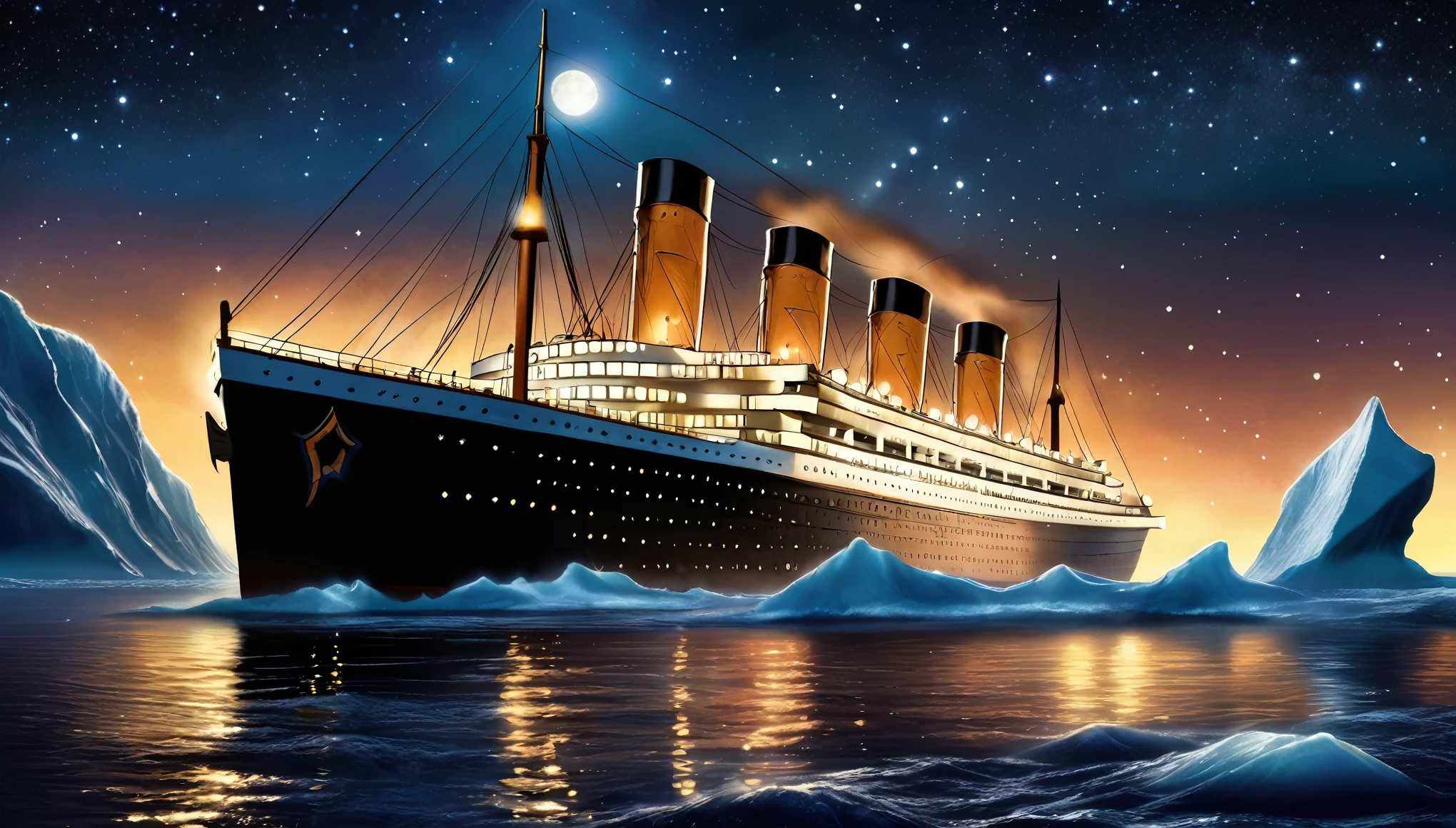 A Dreamworks-style animation of the Titanic cruising through a dark ocean under a starry sky, with a large iceberg nearby. The ship's lights glow softly, highlighting its intricate details and majestic structure. Smokestacks are vividly colored, and the scene is digitally enhanced for a dramatic effect.