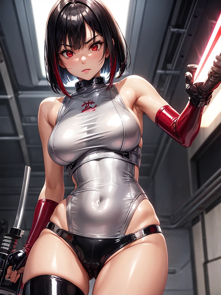 solo girl,Glossy metalic light silver tank top, tight latex shiny, Red interpolation color,Black hair bob,red eyes, camel toe, Samurai Sword,
Lift one leg, sexy lady,