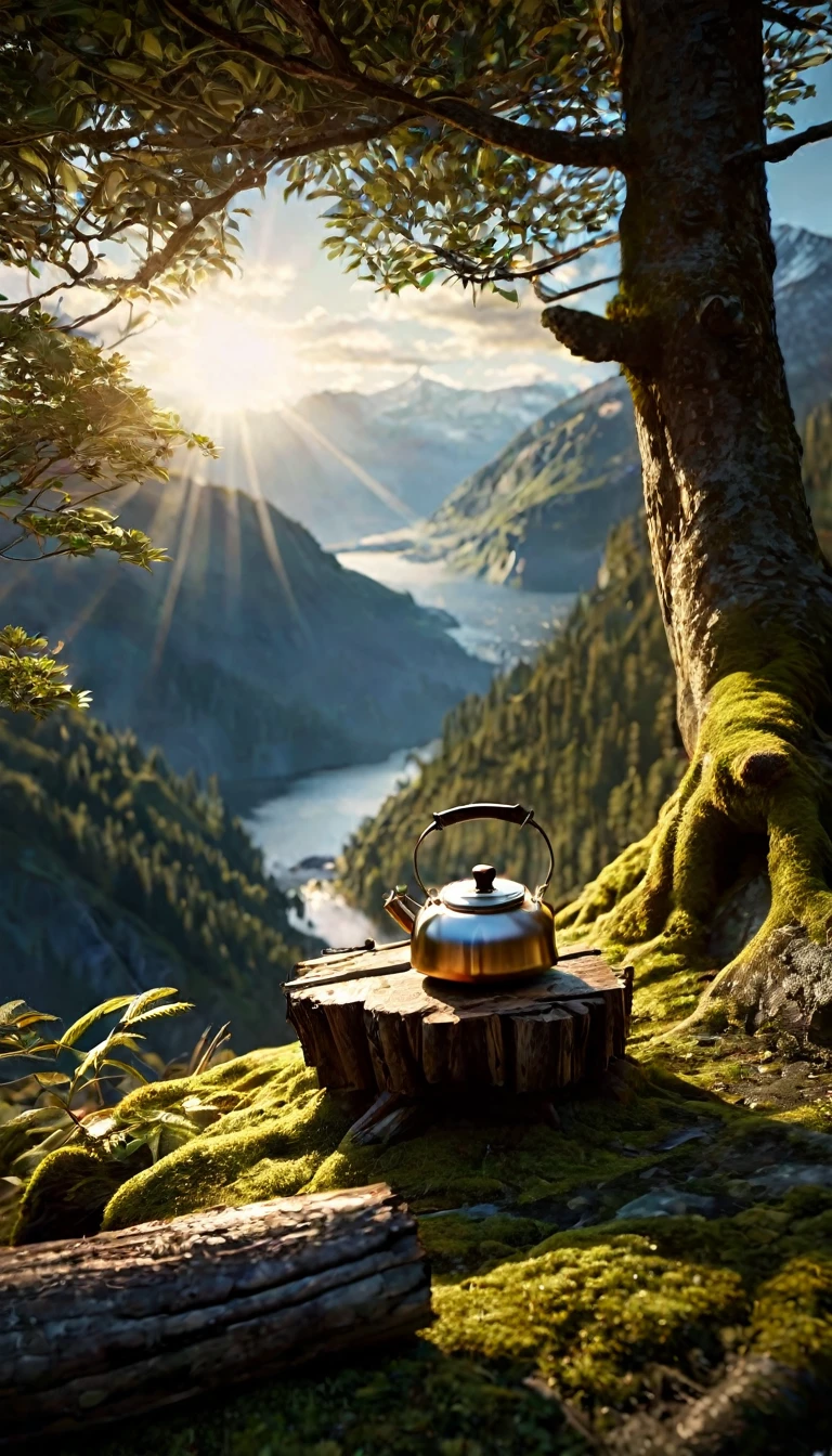 Clear kettle serving as a camping device with tea, perched on a log draped in moss, surrounded by pristine environmental ambiance as the sun ascends over the mountains, elevated by an elegant, balanced composition, rich deep color palette, an atmosphere of complexity and brilliance, and a chiaroscuro effect echoing the works of Raphael and Caravaggio, captured in a digital render at the intersection of Greg Rutkowski's, High Resolution, High Quality, Masterpiece