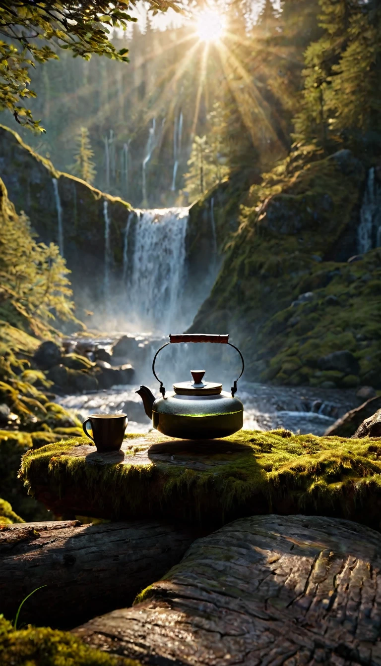 Clear kettle serving as a camping device with tea, perched on a log draped in moss, surrounded by pristine environmental ambiance as the sun ascends over the mountains, elevated by an elegant, balanced composition, rich deep color palette, an atmosphere of complexity and brilliance, and a chiaroscuro effect echoing the works of Raphael and Caravaggio, captured in a digital render at the intersection of Greg Rutkowski's, High Resolution, High Quality, Masterpiece