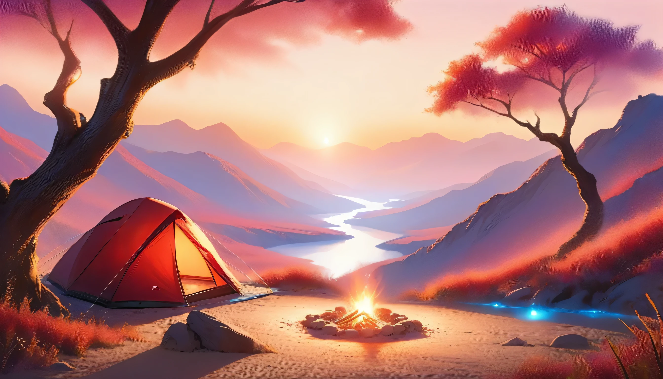 arafed, a picture of a camping (tent: 1.2) and small (campfire: 1.3) ((near)) the tent, on a desert mountaintop, its sunset the sky are in various shades of  (red: 1.1), (orange: 1.1), (azure: 1.1) (purple:1.1) there is smoke rising from the fire camp, there is a magnificent view of the desert canyon and ravines, there is sparce trees on the horizon, it is a time of serenity, peace, and relaxation, best quality, 16K,  photorealism, National Geographic award winning photoshoot, ultra wide shot, RagingNebula, ladyshadow