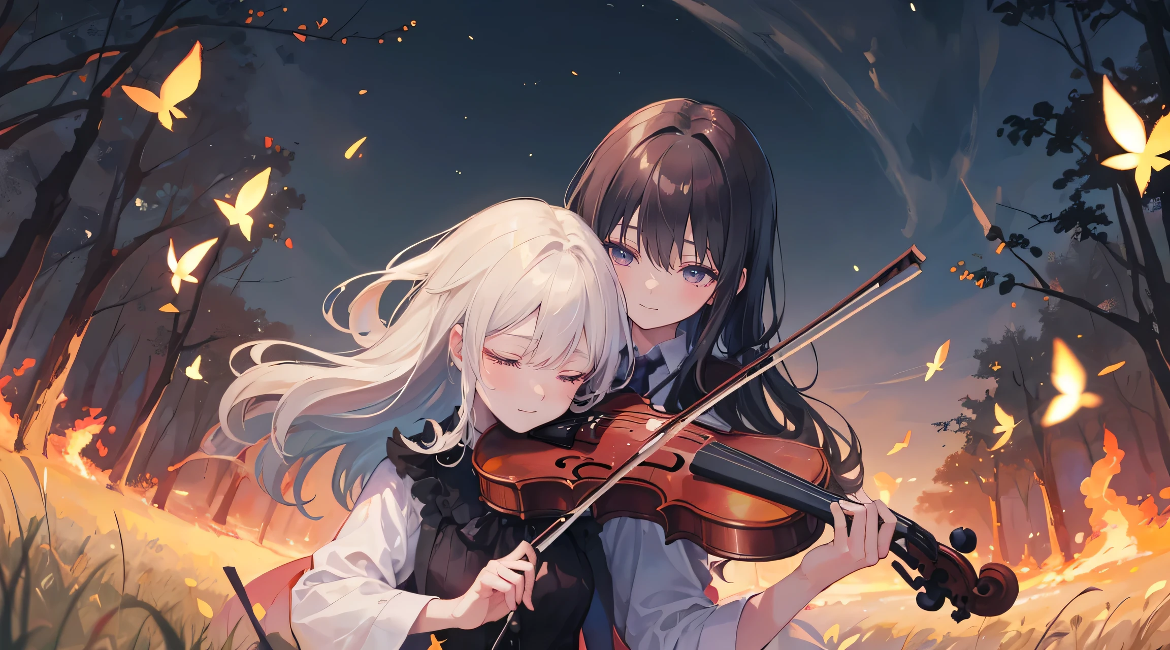 (highest quality,16k,masterpiece:1.37), Kaori Miyazono \(Your Lies in April\), (Playing the violin) Under the moonlight, In a field full of (fire Fly), close your eyes, A kind smile, A deep sense of melancholy fills the scene.