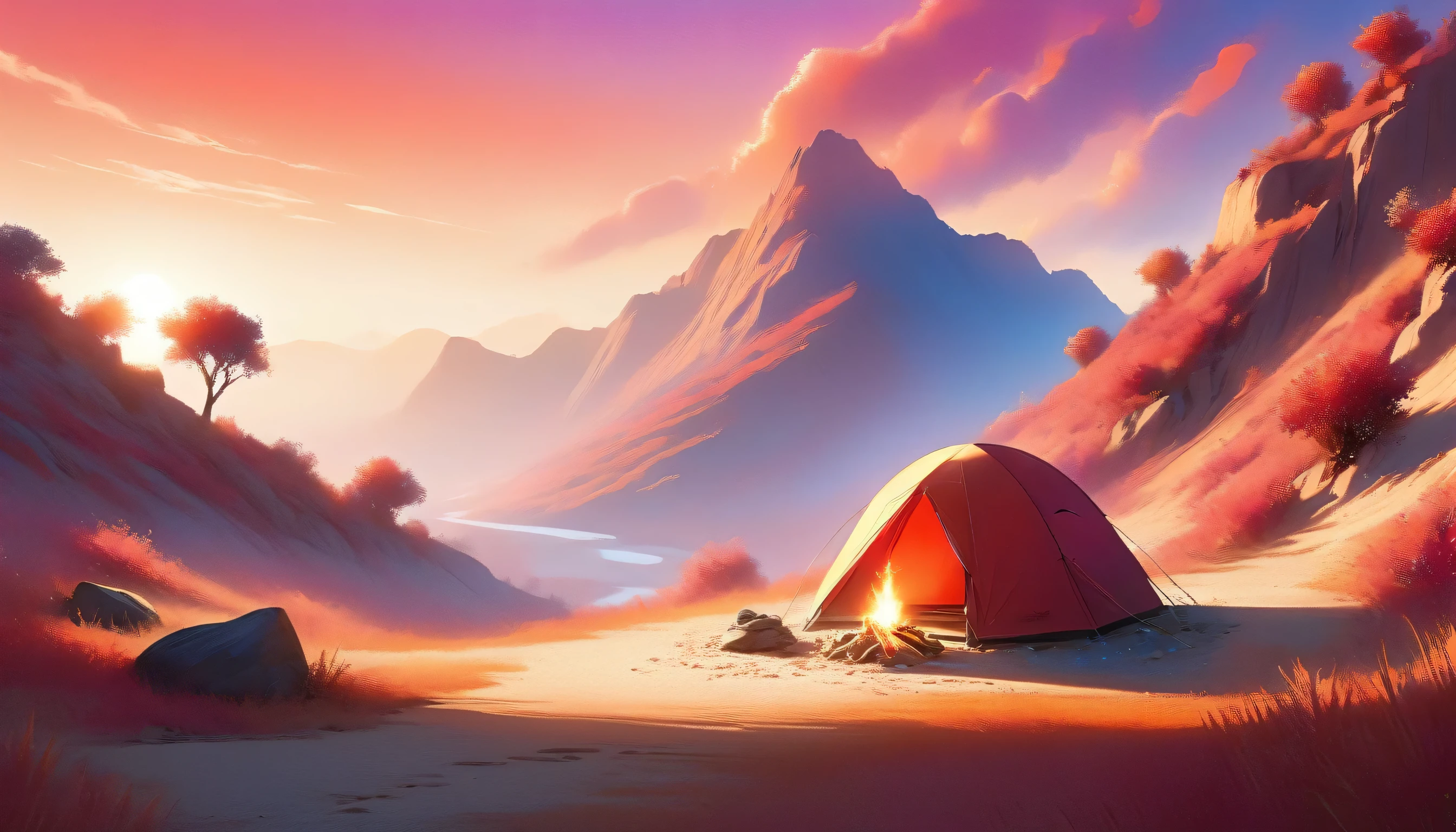 arafed, a picture of a camping (tent: 1.2) and small (campfire: 1.3) ((near)) the tent, on a desert mountaintop, its sunset the sky are in various shades of  (red: 1.1), (orange: 1.1), (azure: 1.1) (purple:1.1) there is smoke rising from the fire camp, there is a magnificent view of the desert canyon and ravines, there is sparce trees on the horizon, it is a time of serenity, peace, and relaxation, best quality, 16K,  photorealism, National Geographic award winning photoshoot, ultra wide shot, RagingNebula, ladyshadow