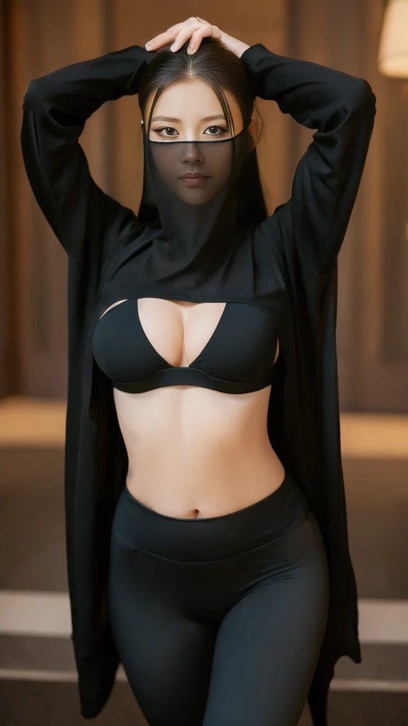 (lifelike, high - resolution:1.3),full body , 1 girl with a perfect body, Super fine face and eyes,slong hair, diamond midriff of black colors:1.2, black shiny leggings,face veil, big boob,Expose cleavage, ninja pose.