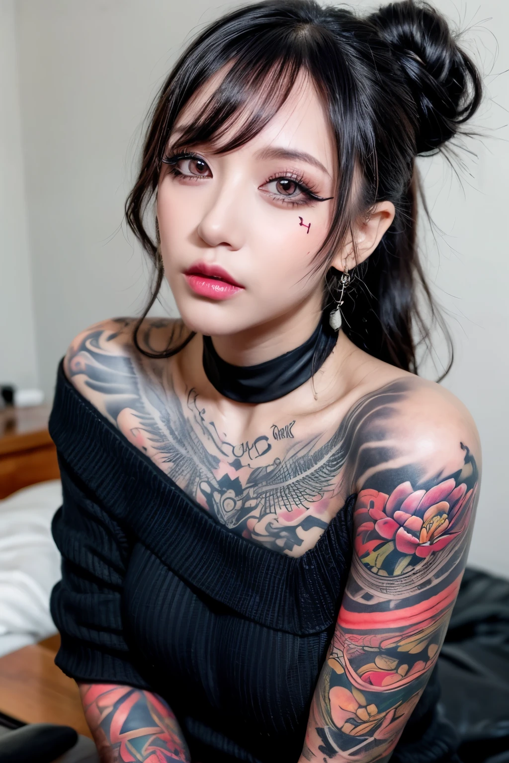 masterpiece, 1girl, beautiful, tattoos, covered in tattoos, tattoos covering body, body being covered in tattoos, arm tattoos, neck tattoos, face tattoos, tattoos on arms, tattoos on neck, punk, street, sweater, off the shoulder, bedroom, mascara, eyeliner, smoky eyes, smokey eyes, evil, side ponytail with bangs