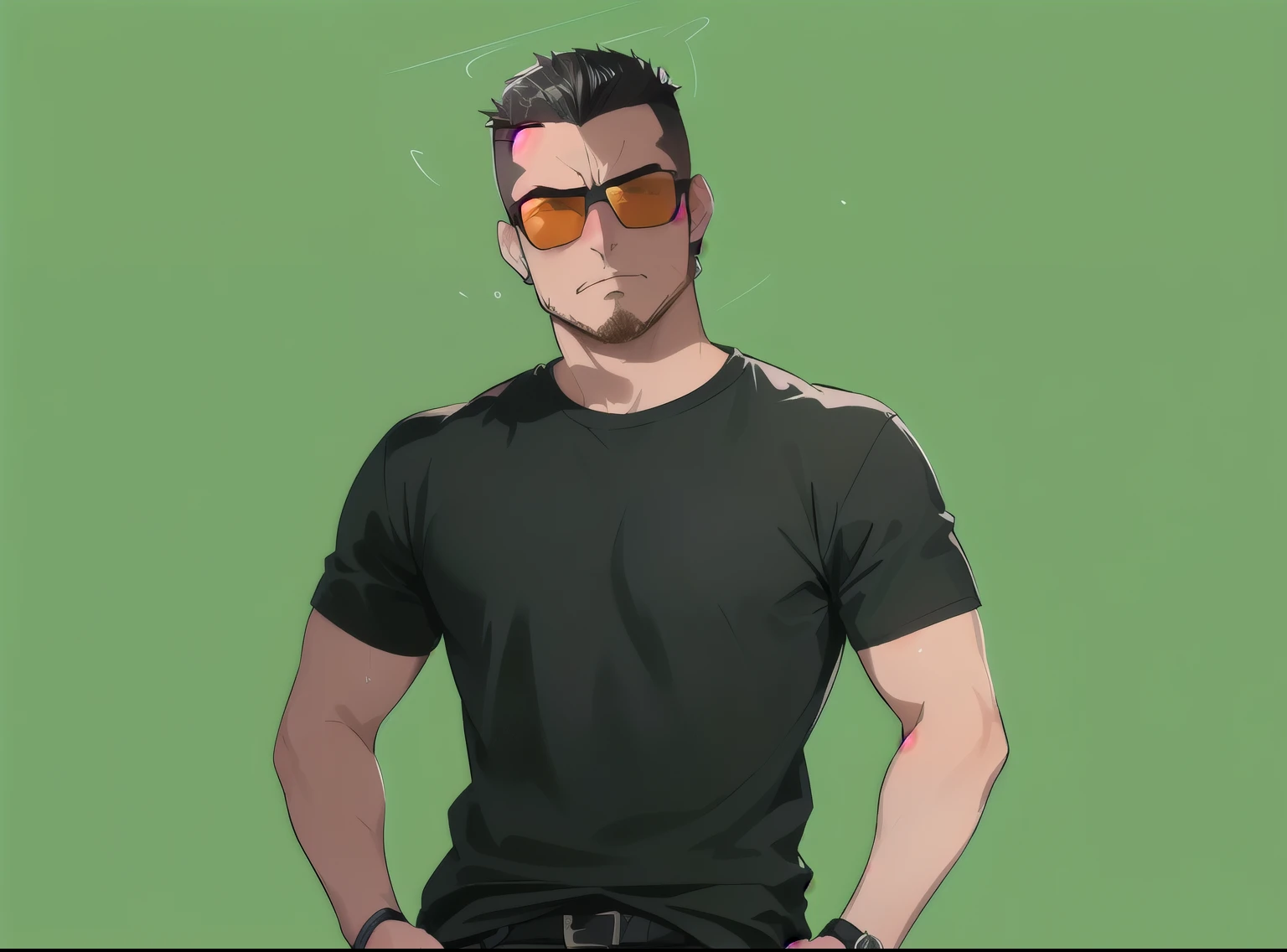 stubble fade cut shaved sides, sport mowing, very short cut, crew cut、Angry 、 crew cut、 Wear Orange sunglasses、 Anime man standing with hands in pockets, Anime black hair