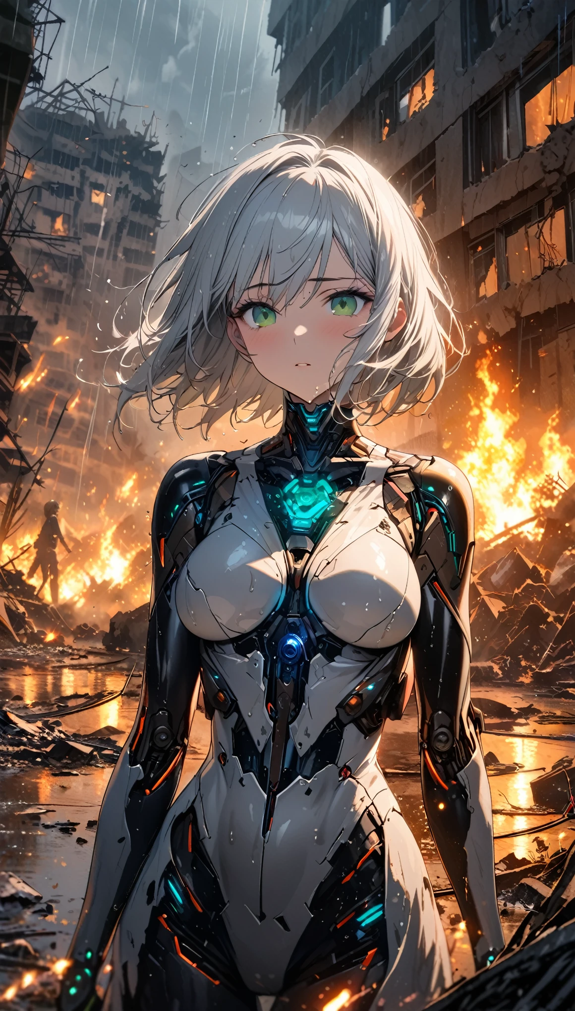 best quality, super fine, 16k, incredibly absurdres, extremely detailed, delicate and dynamic, beautiful girl cyborg android is ordered to stand by in the heavy rain, exposed electronic parts, wire cables, blue LEDs, soaking wet, short-circuited and sparks flying, ivory messy wavy short hair, green eyes, collapsed buildings, fire, smoke, dust, abandoned land, destruction despair images effects