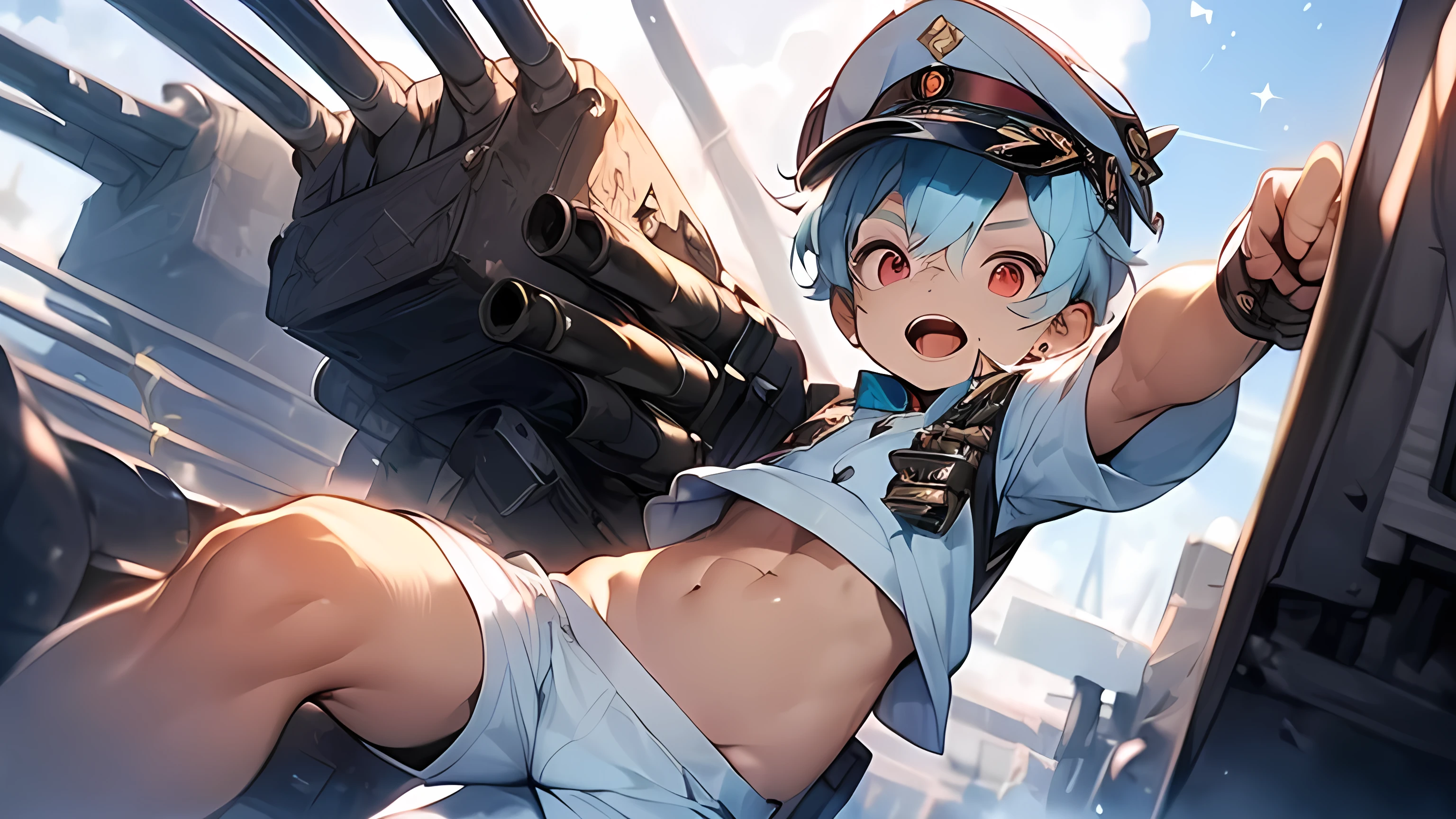 (boldline:-1.6), (navel battle:2), (pointing:2), (raising legs:1.7), (raising arms:1.5), (best quality:1.5), (absolutely resolution:1.5), (ultra detailed:1.5), (masterpiece:1.5), (perfect face:1.5), (detailed face:1.5), (detailed eyes:1.5), (cute face), (shota:1.65), BREAK (white military uniform:1.8), (dirty clothes:1.3), (arched back:1.3), (skinny:1.3), (military cap on head:1.5), (spiked hair), BREAK (light blue hair:1.5), (wine red eyes:1.4), (open his eyes wide:1.5), (eyes with high light), ((mole under eye)), (sweaty skin), (dirty skin:1.5), BREAK (yelling:1.5), (open mouth:1.5), ((earrings)), (shiny skin:1.3), BREAK (tip of ship:2), (battle ship:2), (shooting cannon:2), (sunlight), (((wind blowing))), abs, groin, upper body, from below, ((wide angle)),