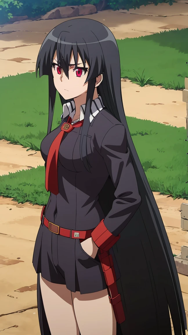 Master piece, best quality, ((1girl,solo)),akame, perfect face, perfect eyes, red eyes
- A green-grey military shirt with two chest pockets. The shirt is fitted to her slender, athletic frame.
- Matching green-grey cargo shorts that reach mid-thigh, with multiple pockets on the sides and back.
- A beret-style cap in the same green-grey color, worn at a slight angle on her head.
- Heavy-duty black military boots that come up to her calves, with a rugged, functional design.
- Strapped to her side is her signature sword, the deadly Imperial Arms known as Murasame.
Akame's intense, focused gaze peers out from under the brim of the military cap. The practical, camouflage-inspired uniform contrasts with Akame's delicate facial features, highlighting her deadly combat skills hidden beneath her feminine appearance. The outfit allows for freedom of movement while maintaining a disciplined, soldier-like aesthetic.