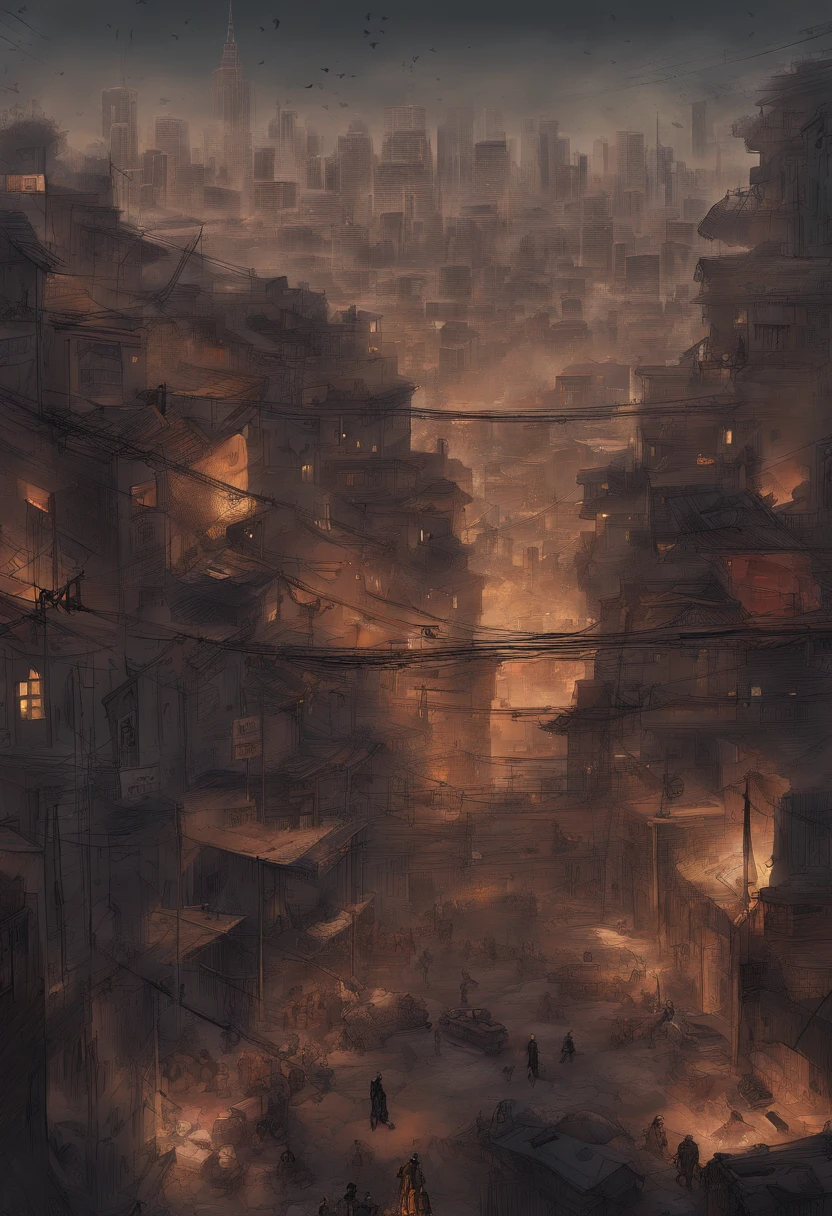 The city is divided into two distinct levels: a opulenta Cidade Alta, com ruas amplas, arquitetura imponente e elites; and the chaotic City of Rats, where gangs fight for survival. The transition between them is abrupt, marked by paved roads that give way to dark alleyways and crumbling buildings. The Rat City is an underworld where gangs and mafias dictate the rules, enquanto a Cidade Alta reflete prosperidade e estabilidade. The city seen from above reveals the duality between opulence and despair, Power and misery, highlighting the struggle for survival and control.