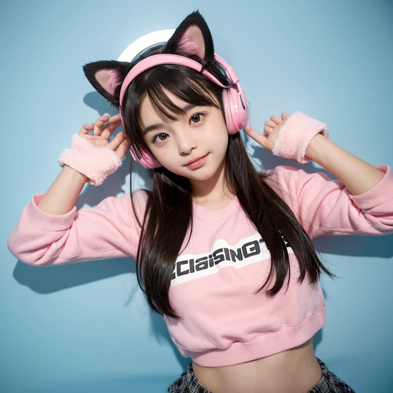 A junior high school student hypnotized by headphones 14-year-old JK Loli，Wear pink ，The lower body is bare，Wearing cat ears, cat gloves and a cat tail ，Open mouth ，Want to resist