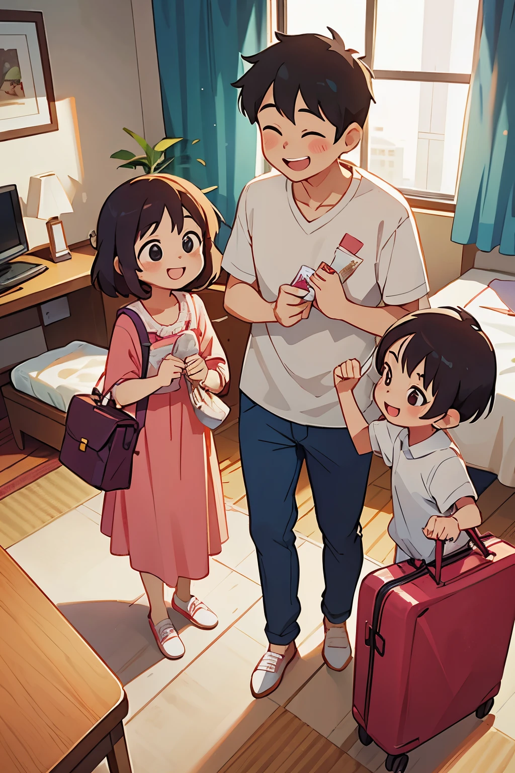 A happy family opening their carry-on bags in a hotel room。Dad is smiling。Mom is smiling。