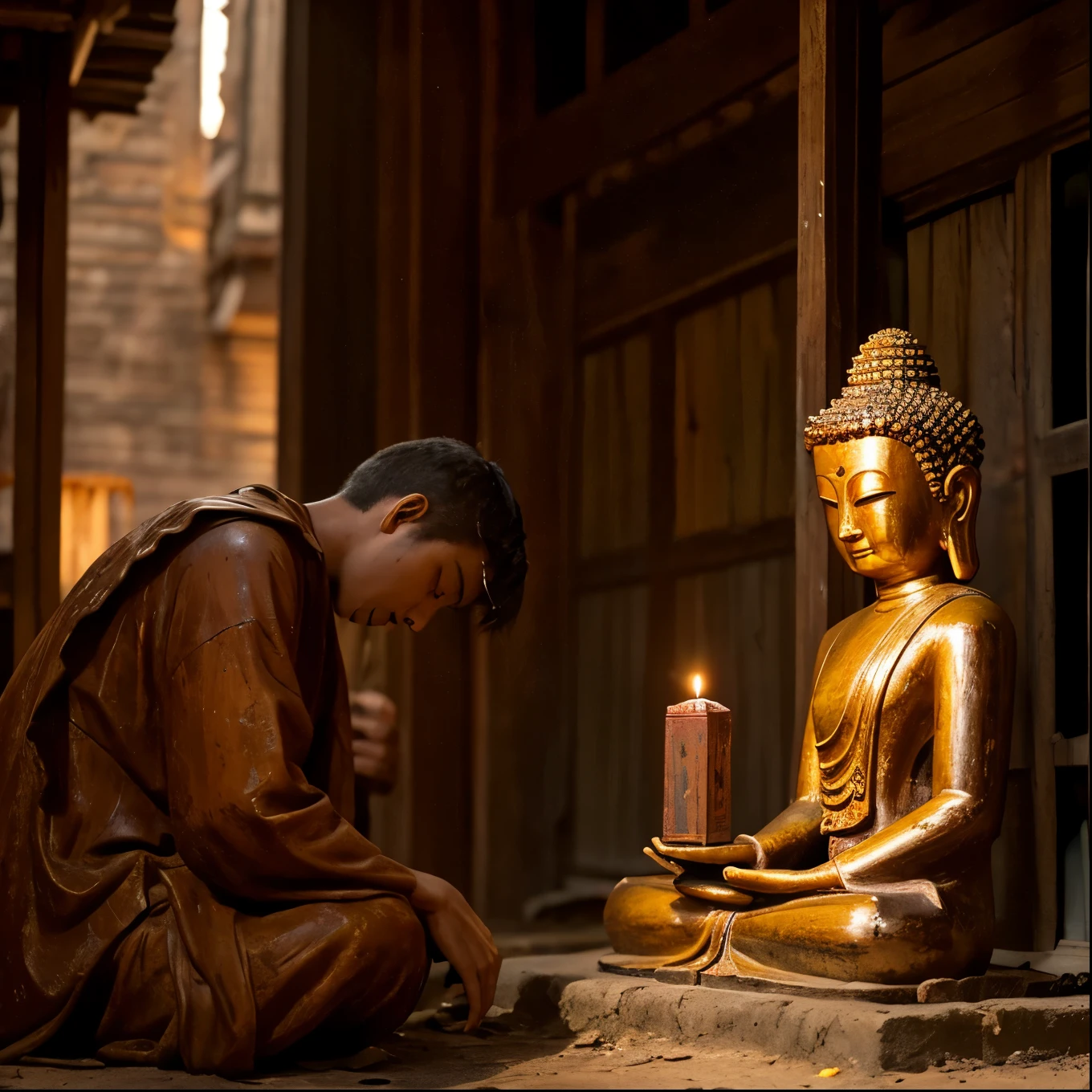 Located in an old wooden building、A slightly rusty Buddha statue。Thin、While sitting、He is looking down as if he is thinking about something.。The light is a small candle、The only light coming from the outside is the sunlight, making it dim, but this accentuates the dreary atmosphere around the statue.。