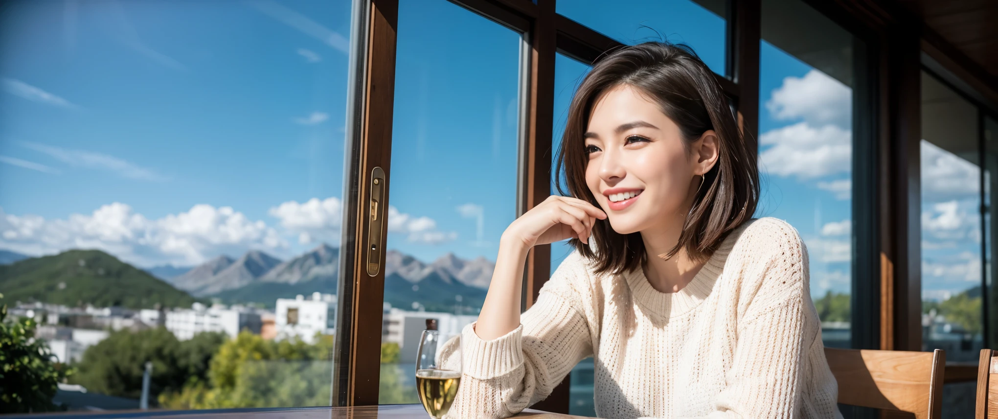 (highest quality、8k、masterpiece:1.3)、Beautiful woman with perfect figure:1.4、Dark brown hair、wine 、2 people、Knit dress、Highly detailed face and skin、fine grain、double eyelid、テーブルにwineグラス、Facial Lighting、 Amazing view of the sunset sky and clouds、Amazing mountain views、Laugh brightly、Smiling lovely woman、Bright image、wineの美しさ, Beautiful Face, blue eyes, Blushing, short hair,Bright Face、 (36 years old), 39 years old, Lady、赤wine 、Appetizers、Italian food、wineボトル、Champagne、スパークリングwine、Two beauties、Brown Hair、Shortcuts、Long sleeve shirt、dress、Pretty Woman 1, (slimな顔), (The body is slim), (Brown Hair), (Shortcuts), cheeks turn a little red,Attractive beauty、, Out of the window, A beautiful and detailed night view unfolds.........., restaurant, In a prominent place (From the waist up) Nova Frog Style, actress, model, Upper Body, 白wine, slim, wineグラス,