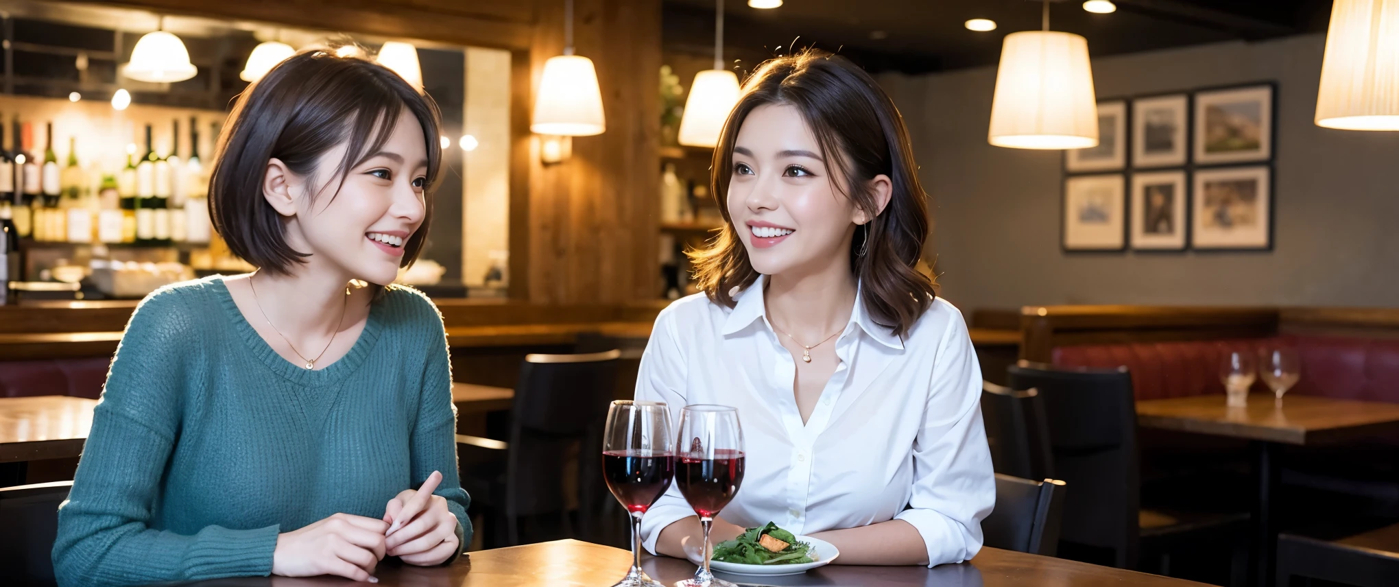 (highest quality、8k、masterpiece:1.3)、Beautiful woman with perfect figure:1.4、Dark brown hair、wine 、2 people、Knit dress、Highly detailed face and skin、fine grain、double eyelid、テーブルにwineグラス、Facial Lighting、 Amazing view of the sunset sky and clouds、Amazing mountain views、Laugh brightly、Smiling lovely woman、Bright image、wineの美しさ, Beautiful Face, blue eyes, Blushing, short hair,Bright Face、 (36 years old), 39 years old, Lady、赤wine 、Appetizers、Italian food、wineボトル、Champagne、スパークリングwine、Two beauties、Brown Hair、Shortcuts、Long sleeve shirt、dress、Pretty Woman 1, (slimな顔), (The body is slim), (Brown Hair), (Shortcuts), cheeks turn a little red,Attractive beauty、, Out of the window, A beautiful and detailed night view unfolds.........., restaurant, In a prominent place (From the waist up) Nova Frog Style, actress, model, Upper Body, 白wine, slim, wineグラス,