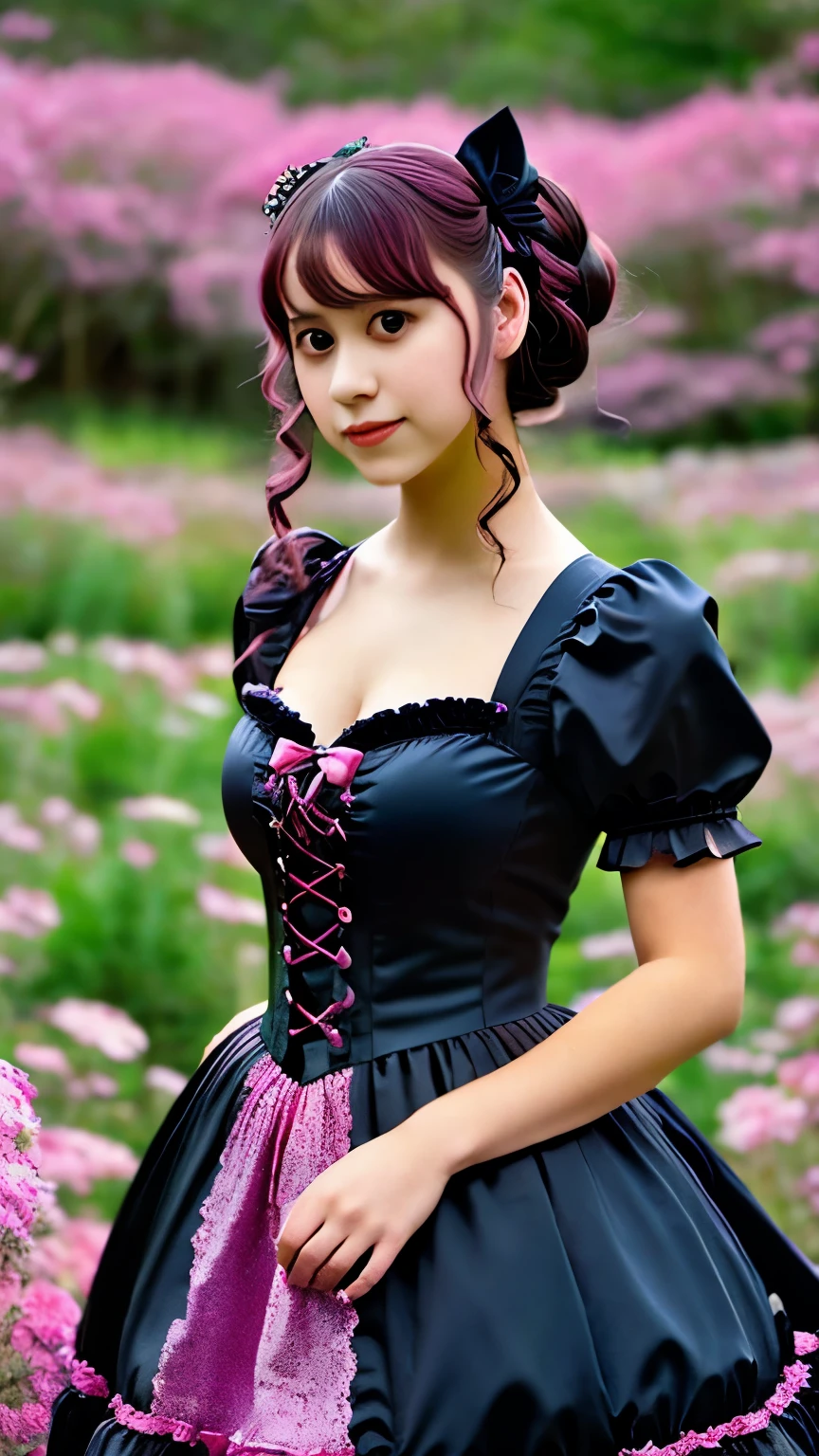 a close up of a woman in a pink dress with black bows, a colorized photo by Ayami Kojima, tumblr, renaissance, lolita style, romantic dress, lolita fashion, black and pink dress, magical dress, cute dress, dreamy style, pink and black, fantasy dress, rococo dress, victorian gothic lolita fashion, beautiful dress, full dress, whimsical and cute