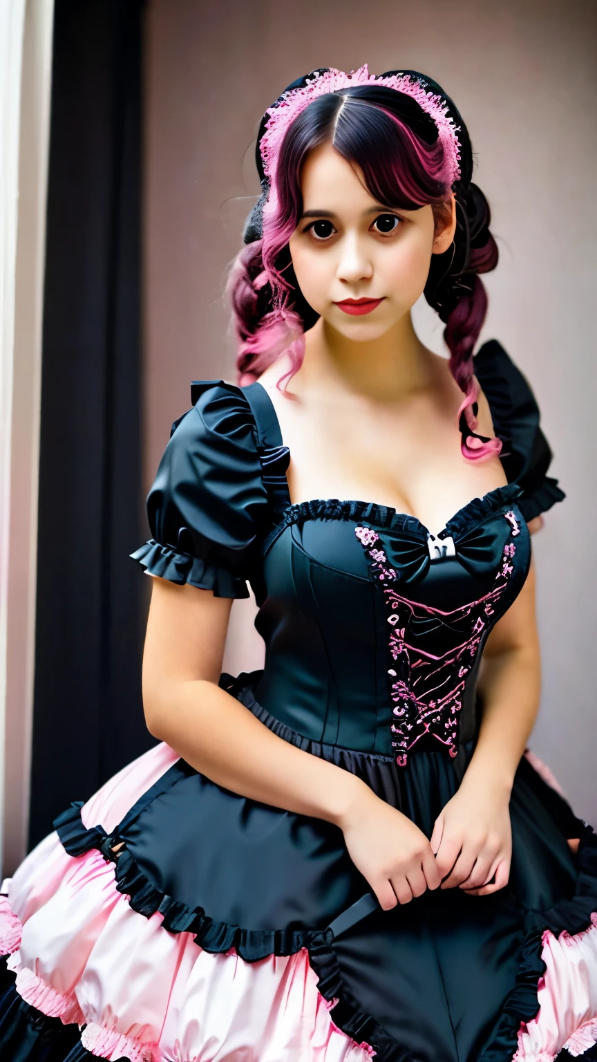 a close up of a woman in a pink dress with black bows, lolita style, romantic dress, lolita fashion, black and pink dress, magical dress, cute dress, dreamy style, fantasy dress, pink and black, rococo dress, victorian gothic lolita fashion, beautiful dress, full dress, whimsical and cute, black white pastel pink, retro and ethereal