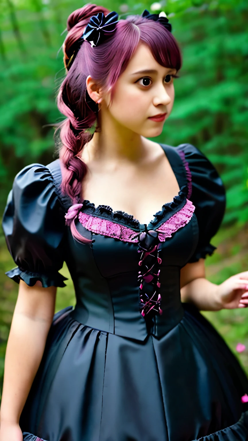 a close up of a woman in a pink dress with black bows, a colorized photo by Ayami Kojima, tumblr, renaissance, lolita style, romantic dress, lolita fashion, black and pink dress, magical dress, cute dress, dreamy style, pink and black, fantasy dress, rococo dress, victorian gothic lolita fashion, beautiful dress, full dress, whimsical and cute