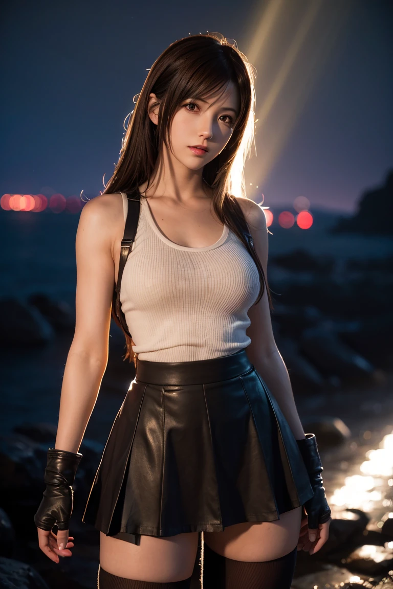 tifa lockhart, wallpaper, landscape, depth of field, night, light particles, light rays, side lighting, thighs, skirt, red eyes, brown hair, thigh high socks, arm sleeves
