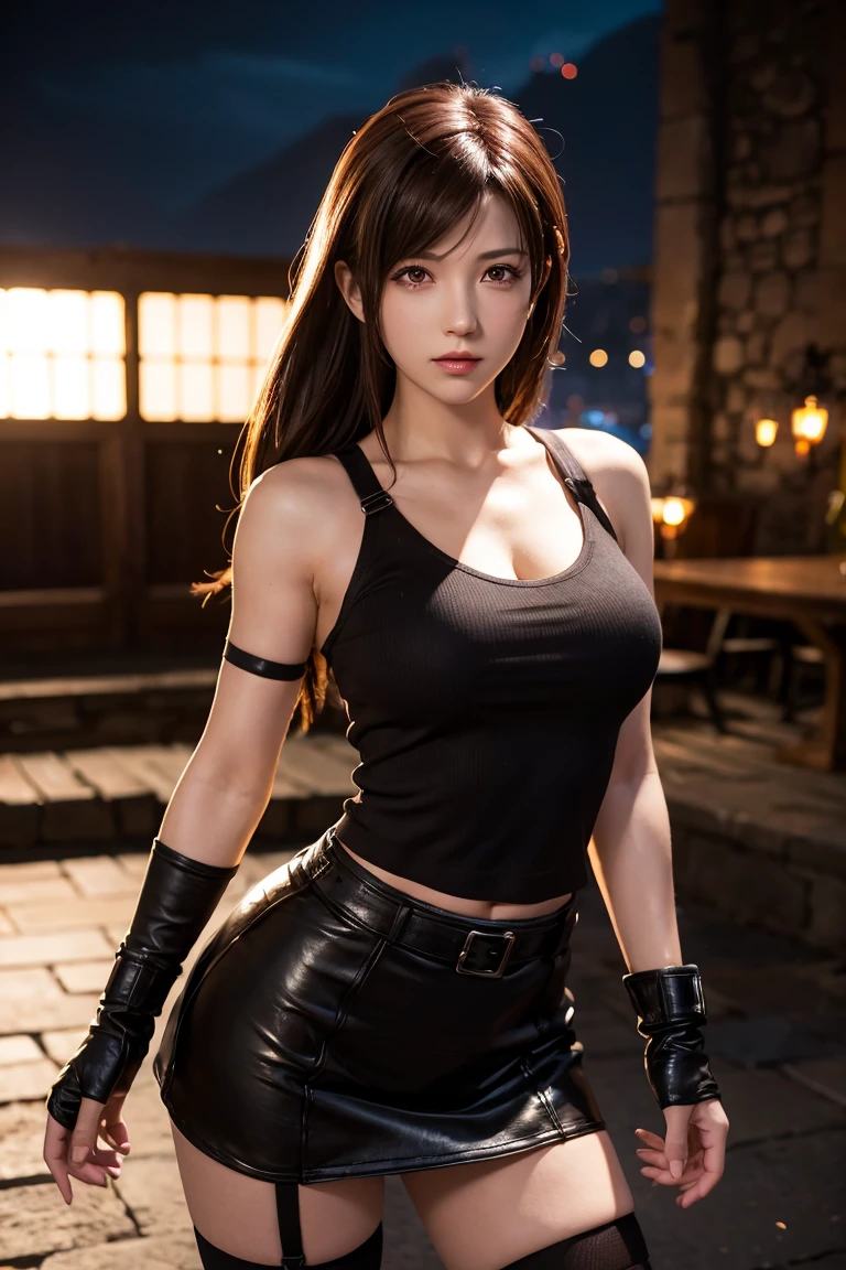 tifa lockhart, wallpaper, landscape, depth of field, night, light particles, light rays, side lighting, thighs, skirt, red eyes, brown hair, thigh high socks, arm sleeves
