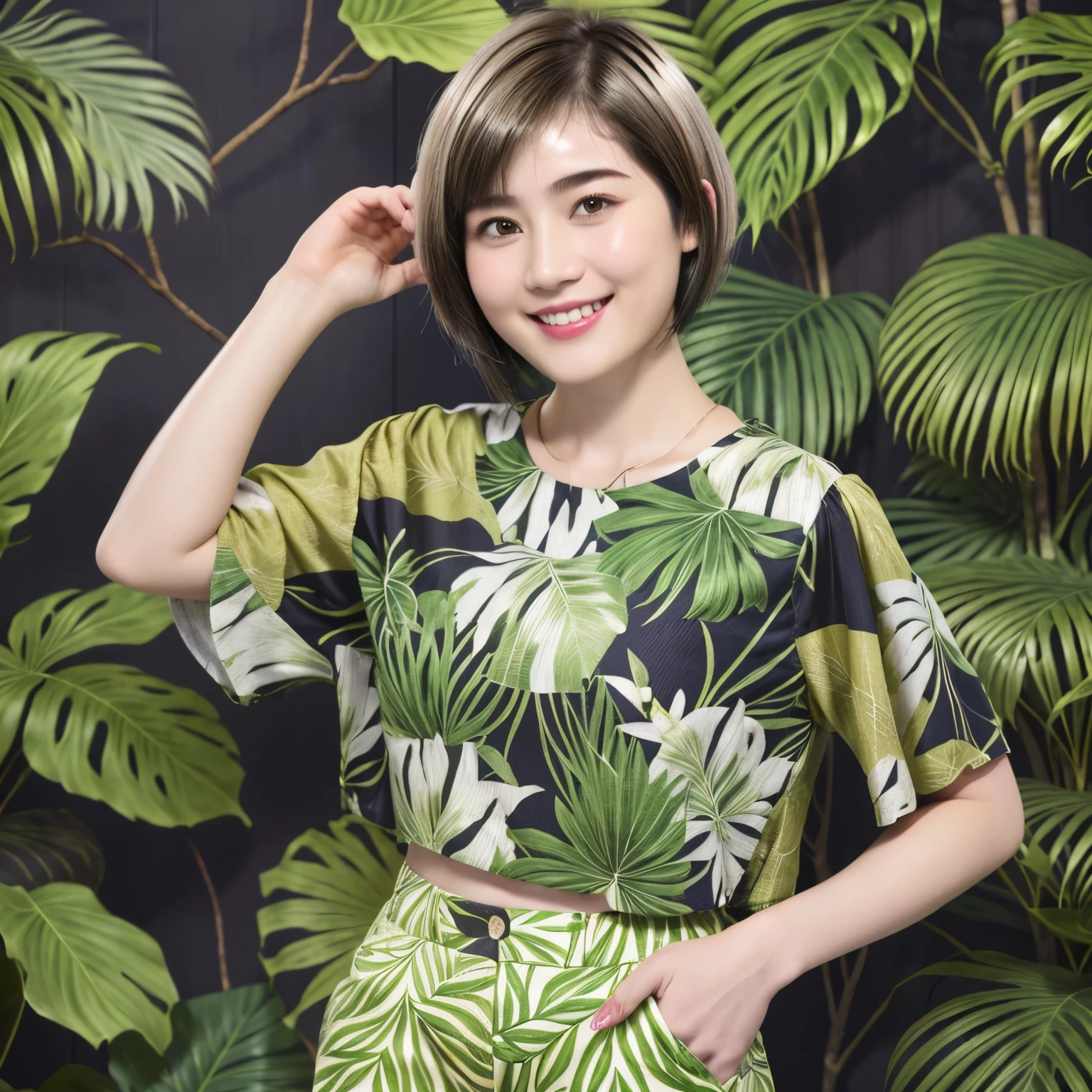 231 (18-year-old female,Floral clothes), ((short hair:1.46)), (Pants Style), (A kind smile), (Jungle Pattern)