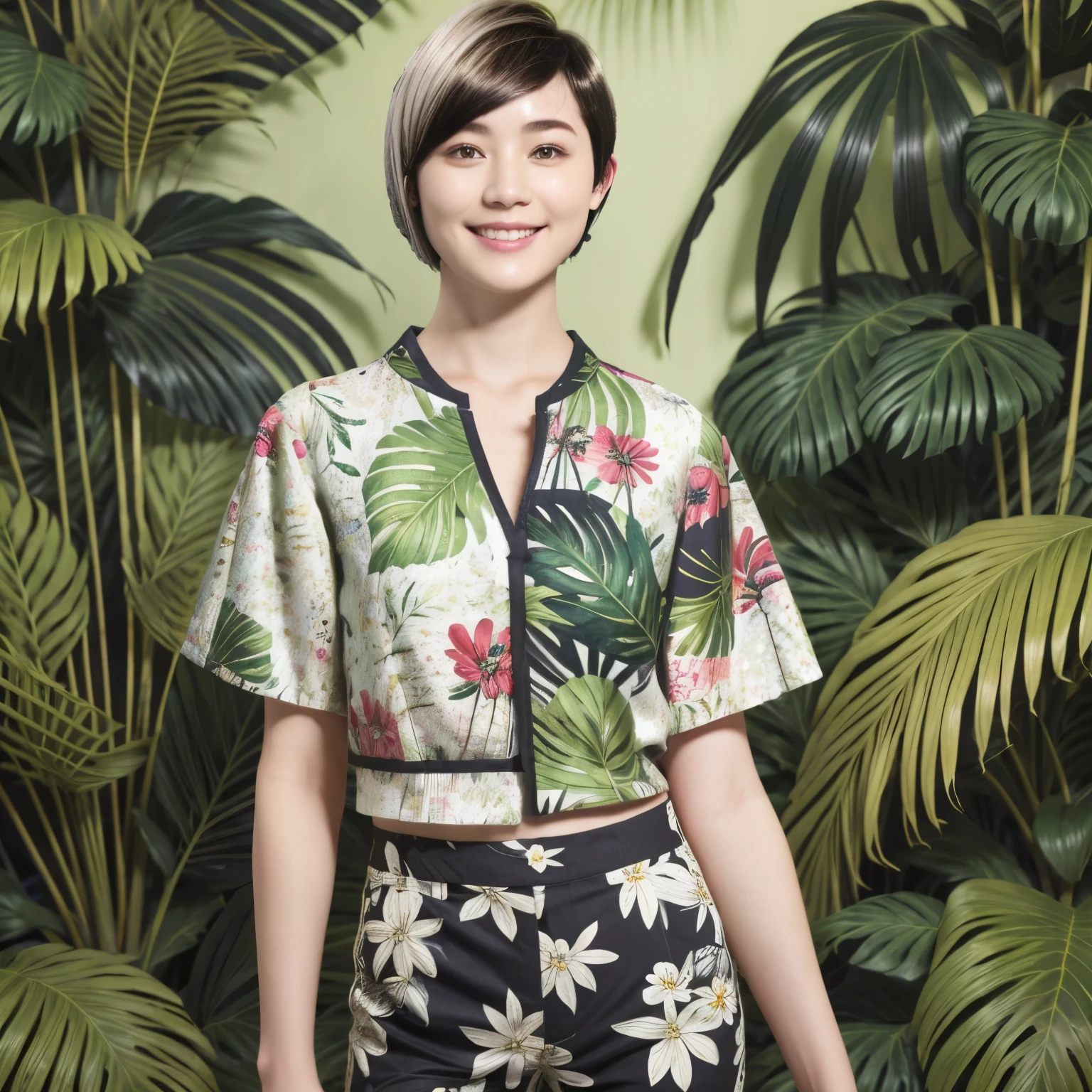 231 (18-year-old female,Floral clothes), ((short hair:1.46)), (Pants Style), (A kind smile), (Jungle Pattern)