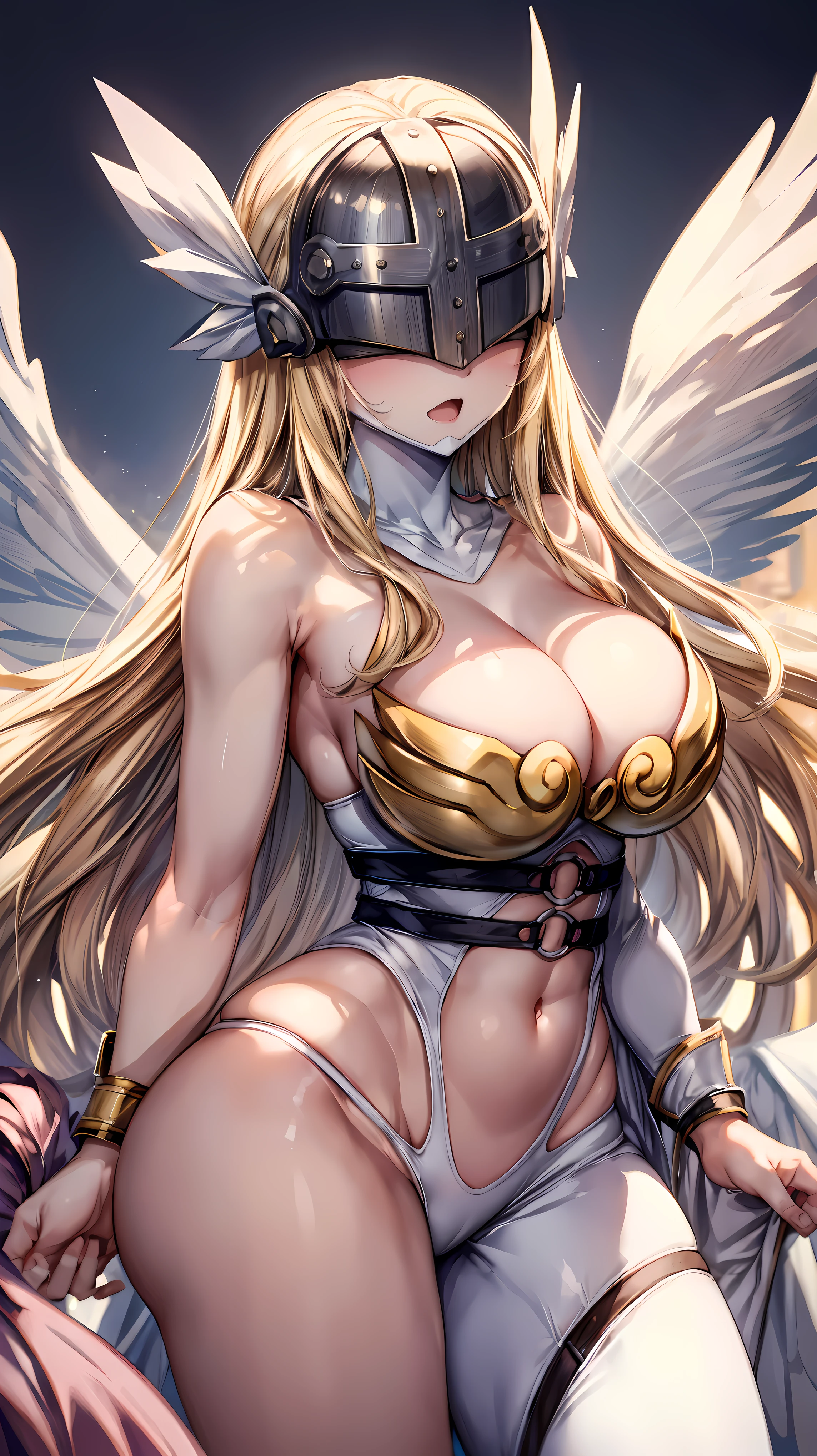 Very detailed、highest quality、Best image quality、masterpiece、8k、Angewomon、Anime Face、Winged Helmet、(Covered Eyes:1.3)、Open Mouth、(Blonde long hair)、(SFW Giant)、Cowboy Shot、(Big Breasts:1.5)