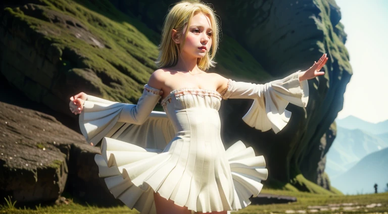 (masterpiece,realistic,best quality,ultra detailed,perfect lighting,sharp),nsfw,Elaine,standing,small breasts,sweatdrop,blonde,white dress,frills,long dress,strip,armpit peek,smirk,smug,off shoulder,orange eyes,short hair,detached sleeves,white heels,outdoors,fantasy,day,landscape