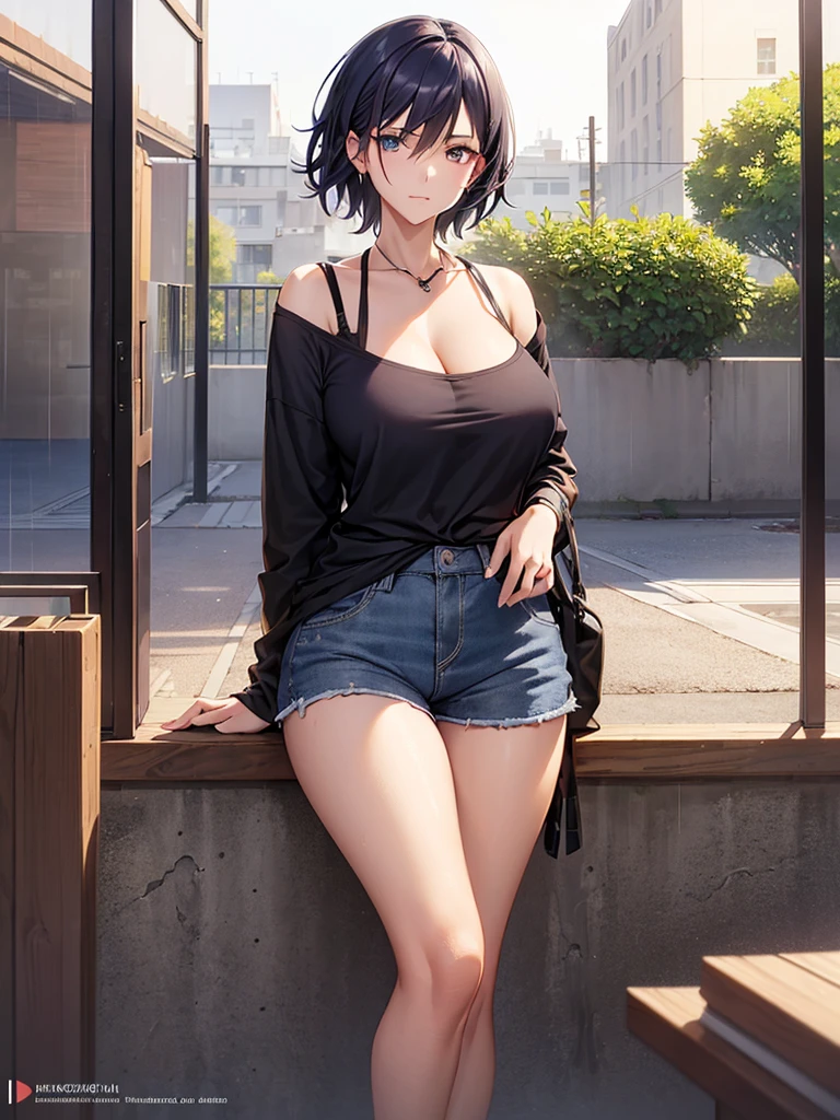 ((masterpiece , best quality)), ((( 1 girl ))), dark blue hair, cool looking woman, short hair, tomboy, mature woman, expressive eyes, heterochromaia eyes , (perfect female proportions), (very large breasts), women loose shirt, with casual shorts, long legs, skinny legs, slim hips, tomboy, milfication, mature female, casual clothes, the loneliest girl, artistic, inspired, golden hour, warm, (rain, sad, Hydrangea, Hortensia), luminism, ethereal, Makoto Shinkai, Krenz Cushart, Anime art , Surrealism, a contrast between the realistic and the absurd, Focused on Woman, chaotic, High Creative, Dynamic, informative, High detailing, cinematic, complex background