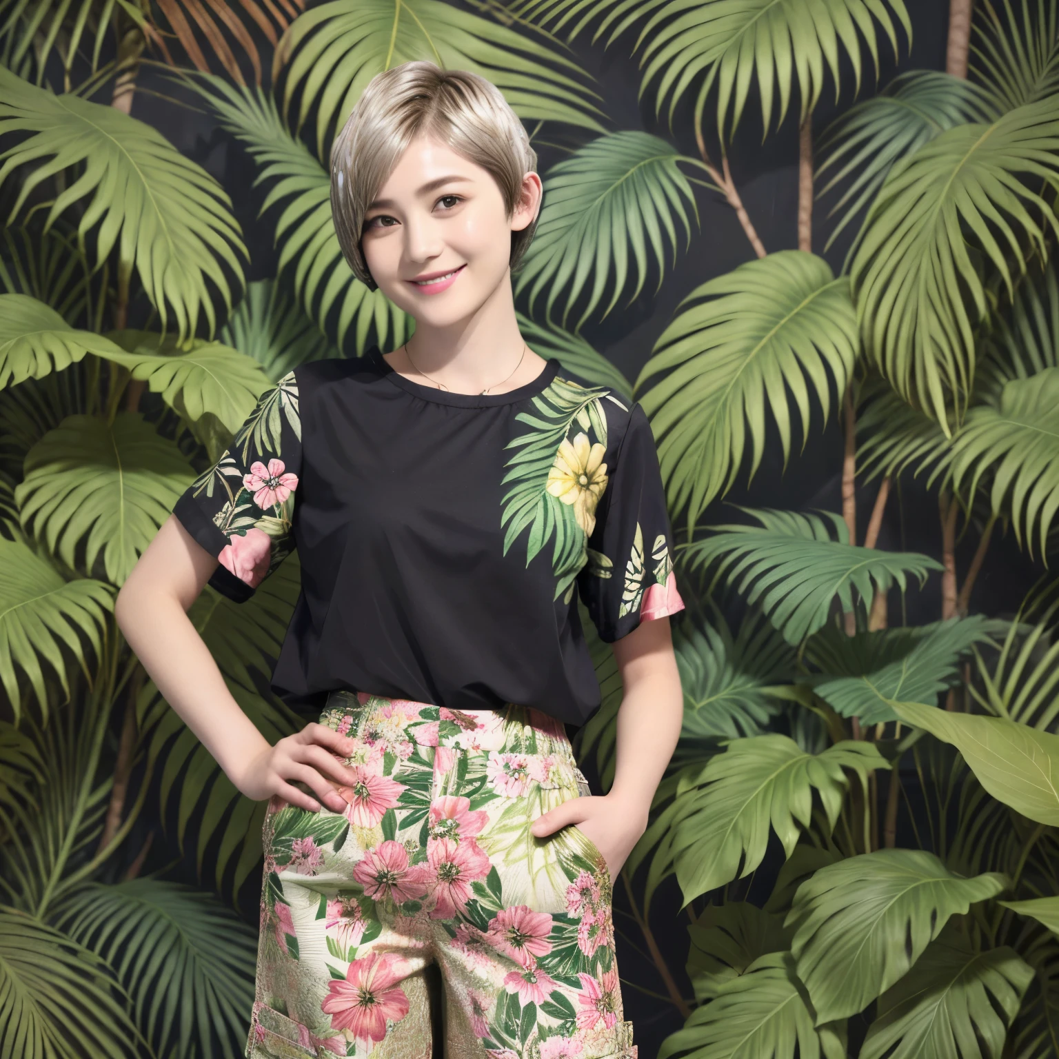 231 (18-year-old female,Floral clothes), ((short hair:1.46)), (Pants Style), (A kind smile), (Jungle Pattern)