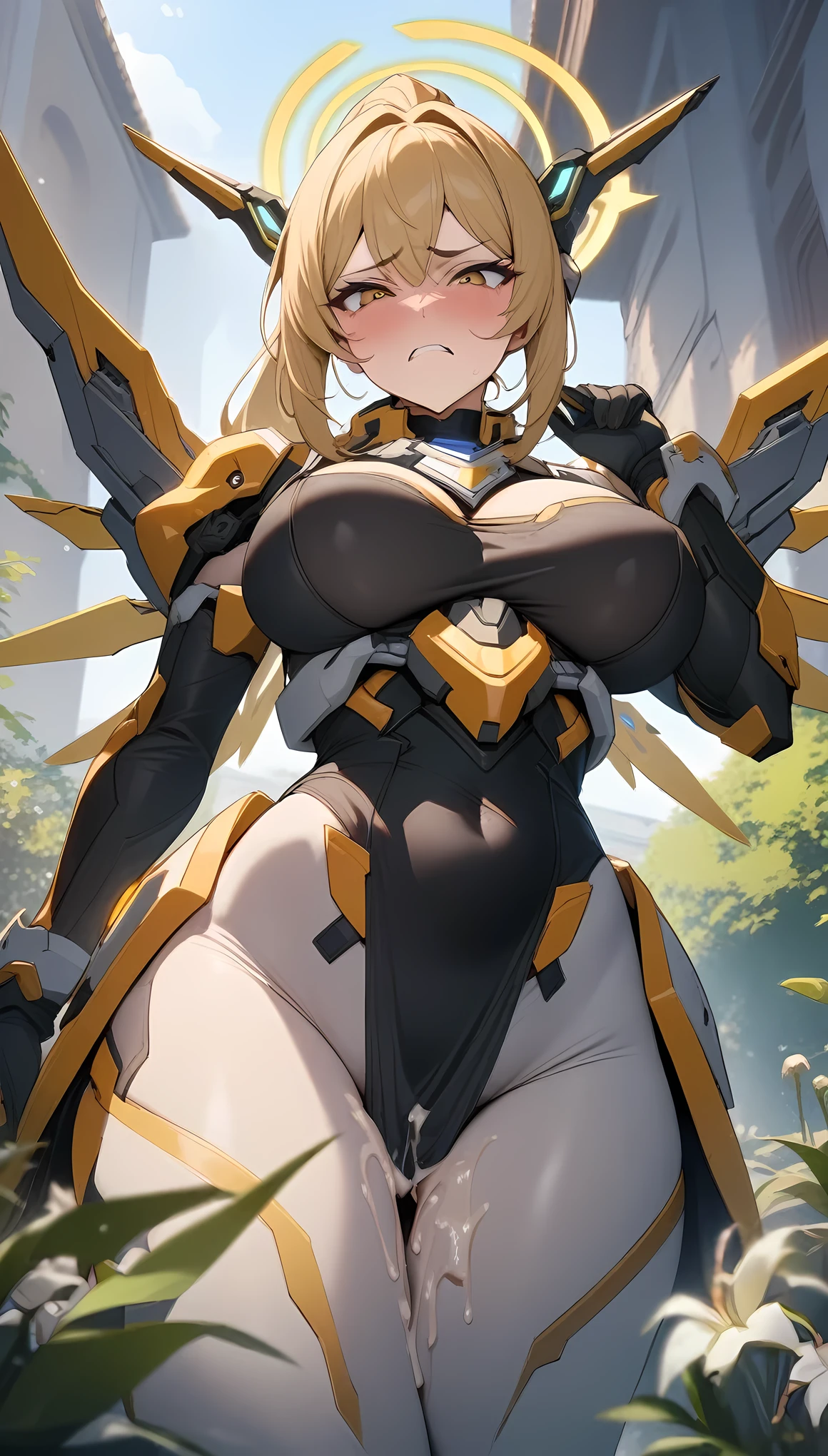 masterpiece, best quality, very aesthetic, absurdres, newest,1girl,(from below, contempt, disgust,looking at viewer,frown),huge_tits,(semen,semen on thigh gap:1.3),mercy(overwatch),1girl, armor,blonde_hair, bodysuit, boobplate, breastplate, breasts,faulds, gloves, gorget, halo, headgear, large_breasts, mechanical_halo, mechanical_wings, nose, pelvic_curtain, ponytail,in garden