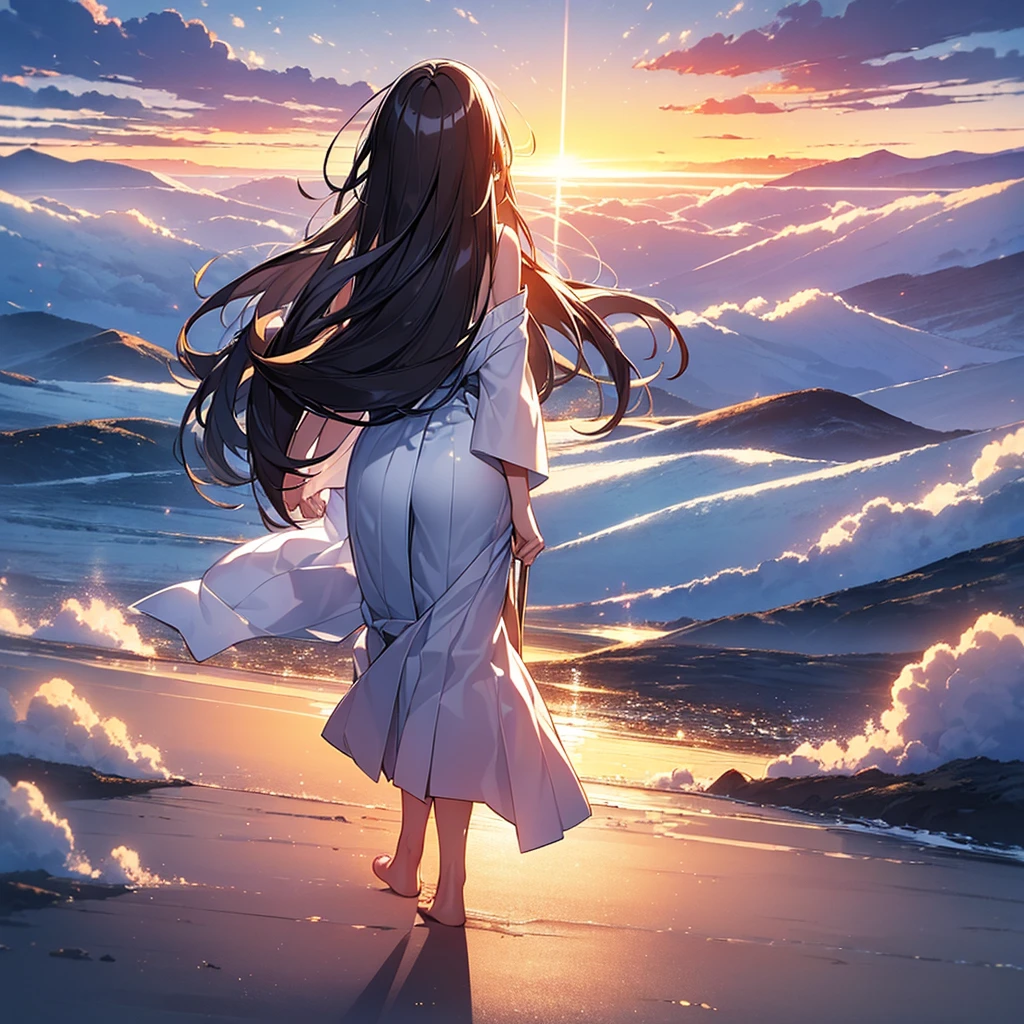 (Masterpiece, Top quality: 1.5) ,4K, (walking in cloud in the sky:1.4),from behind, 1 beautiful girl, solo, black hair, (white hakama :1.3), off shoulder, barefoot, long hair, wave hair, (:1.2), medium breasts, standard weight, smile, blush:1.2, (crying:1.3), closed eyes, open mouth, beautiful scene of sky, Horizon, magnificent panorama view, sunset, back lighting