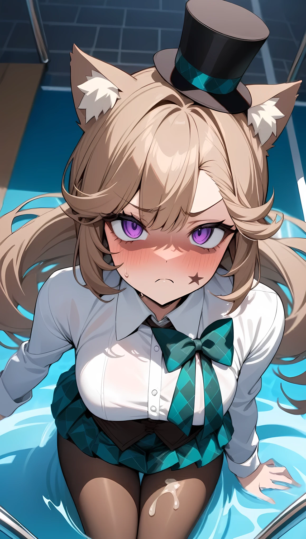 masterpiece, best quality, very aesthetic, absurdres, newest,1girl,(contempt, disgust,shaded face,looking at viewer,frown),huge_tits,(semen,semen on thigh gap:1.3),Lynette, animal ear fluff, Animal ears, Cat ears, facial mark, Hair Bow, (Purple eyes:1.1), Brown hair, Star, Star on cheek, BREAK bow, green bow, hat, Leotard, Long sleeves, miniSkirt, pantyhose, Skirt, top hat,,in swimming pool