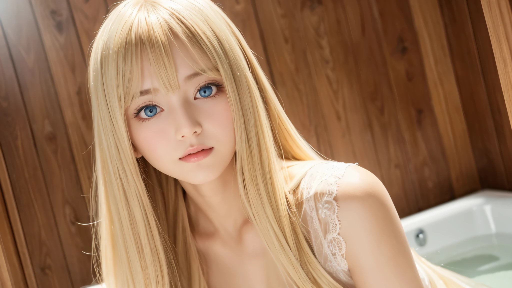 Golden shiny hair、Dazzling blonde super long silky hair、Cute little beautiful face of 17 years old、Shiny hair dancing in front of a pretty face、Long, silky bangs that cover the eyes、Bright pale blue eyes、Hair that hides the face、Sexy and cute young woman with super long bangs、snow-white beautiful skin、Oil-based teak gloss、In the bath、Bathroom、Wedding dress、