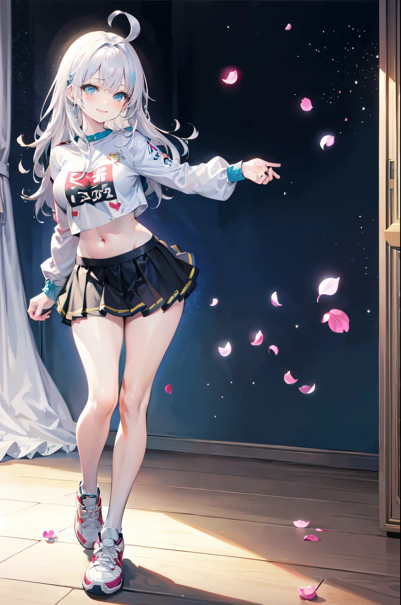 realistic image, detailed image, coherent image, 1 beautiful girl, she has very long hair, white hair, light blue eyes, smiling expression. She is wearing a long-sleeved t-shirt, showing her navel, a pleated miniskirt, sneakers, She has a curvy body, medium breasts and thick thighs, She is posing sensually, lifting her skirt a little, arching her back, black background, uniform background, starry night, flower petals falling around, Soft focus, full body view, Dramatic shadows, Volumetric lighting, natural lighting,Alisa Mikhailovna Kujou,ahoge