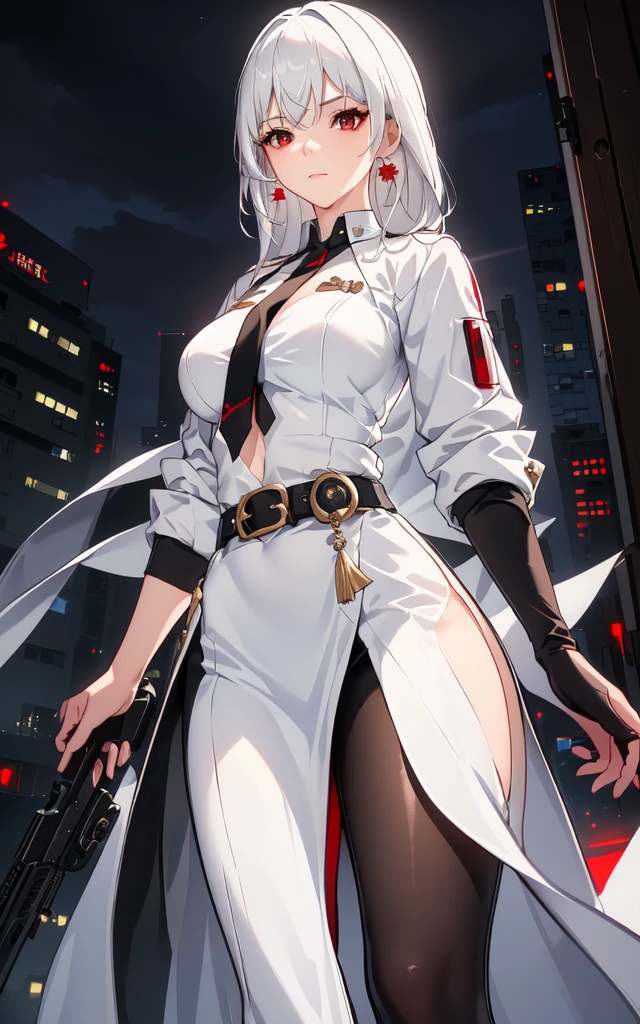 1girl, close up shot, (white hair, medium hair, large breasts, red eyes), perfect anatomy, city, cyberpunk style, ((white shirt, black jacket, black skirt, navel, belt, black gloves, neck tie, wrist watch, earrings, see through black leggings)), ((holding gun)), war, ruined city, battle field, rubble, buildings,cigarette