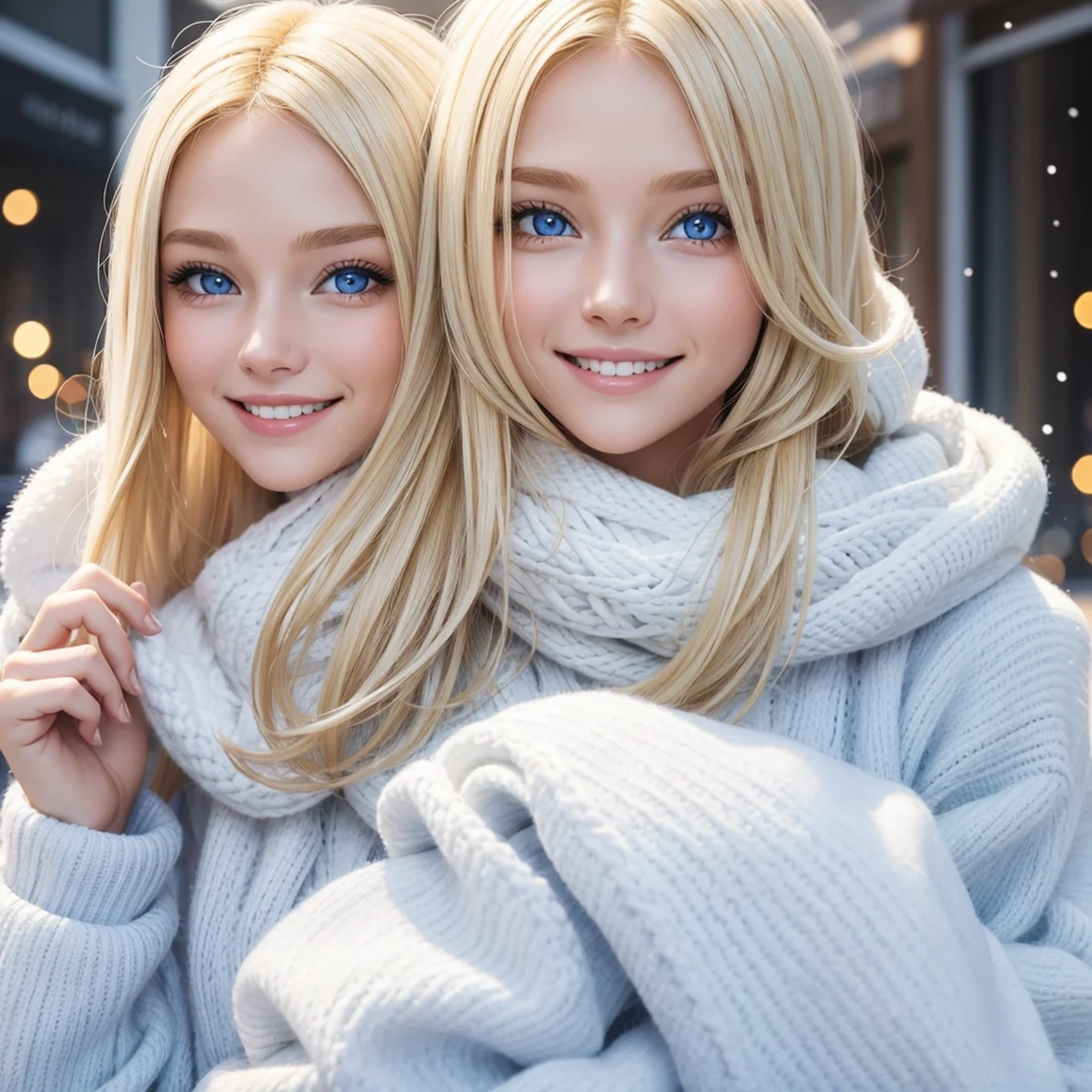 Blonde Hair Beauty Blue Eyes White knit smile winter