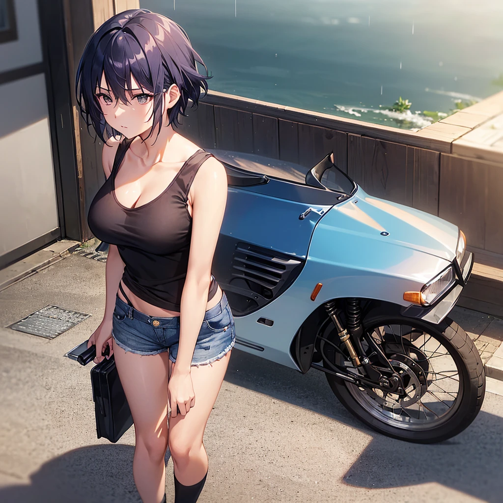 ( 1 girl ), dark blue hair, cool looking woman, short hair, tomboy, mature woman, expressive eyes, (hetero chromaia eyes) , (((perfect female proportions))), (very large breasts), (women tank top, v-neck), (casual shorts, black), long legs, skinny legs, slim hips, wear Converse shoes, tomboy, milfication, mature female, casual clothes, (masterpiece) , (best quality) , lonely musician girl, artistic, inspired, golden hour, warm, rain, reflections, Yuumei, lunism, ethereal, Makoto Shinkai