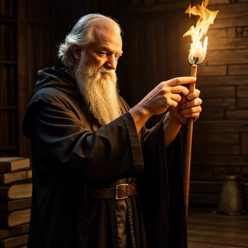 Holding a cane Shoots fire magic Old Wizard
