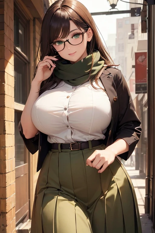 ((masterpiece)), (best quality:1.7), (detailed:1.4), (high res:1.4), 8k, (colorful:1.5), high resolution, sharped image, 4k, hd, (beautiful detailed background:1.2), (beautiful lighting:1.2), (highly detailed:1.2), perfect lighting, (8k wallpaper:1.2), (highly detailed:1.2), (extremely detailed CG:1.2), ((dark brown medium long straight hair with bangs covering an eye)), (hair bangs covering one eye), ((only dark brown hair)), ((busty)), curvy figure, (((hazel-green eyes))), button blouse, pleated skirt, scarf, autumn, glasses, mature, (((30 year old))), human adult, tall, fullbody