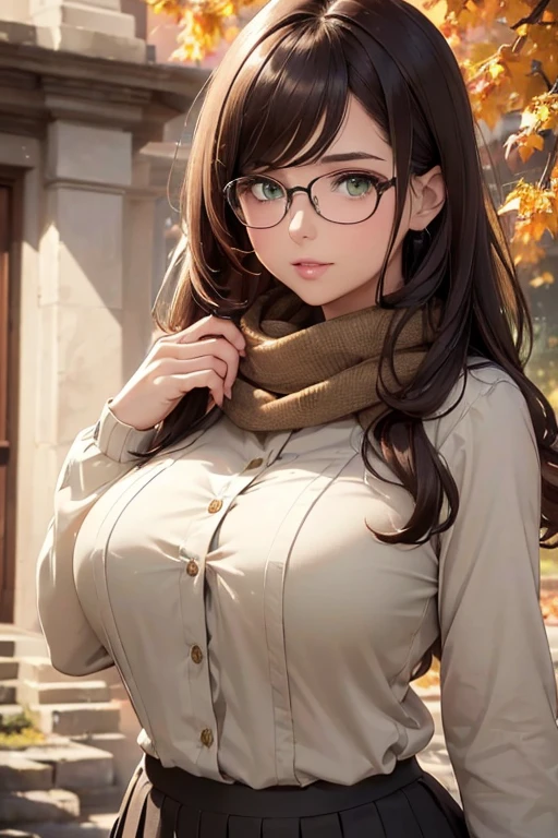 ((masterpiece)), (best quality:1.7), (detailed:1.4), (high res:1.4), 8k, (colorful:1.5), high resolution, sharped image, 4k, hd, (beautiful detailed background:1.2), (beautiful lighting:1.2), (highly detailed:1.2), perfect lighting, (8k wallpaper:1.2), (highly detailed:1.2), (extremely detailed CG:1.2), ((dark brown medium long straight hair with bangs covering an eye)), (hair bangs covering one eye), ((only dark brown hair)), ((busty)), curvy figure, (((hazel-green eyes))), button blouse, pleated skirt, scarf, autumn, glasses, mature, (((30 year old))), human adult, tall, fullbody