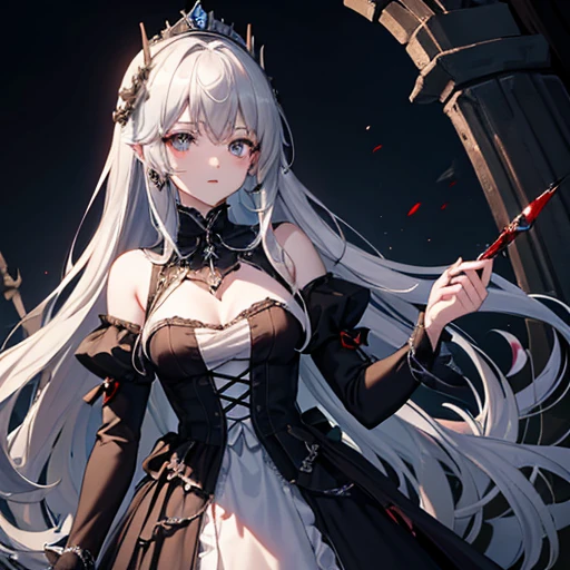 4K、highest quality、The Princess Lost in Darkness、Darkness attribute、Gothic Dress、Long Hair、Gray Hair、Dark Eyes、Blood splatter、Bloody、dagger、A gorgeous royal palace