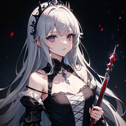 4K、highest quality、The Princess Lost in Darkness、Darkness attribute、Gothic Dress、Long Hair、Gray Hair、Dark Eyes、Blood splatter、Bloody、dagger、A gorgeous royal palace