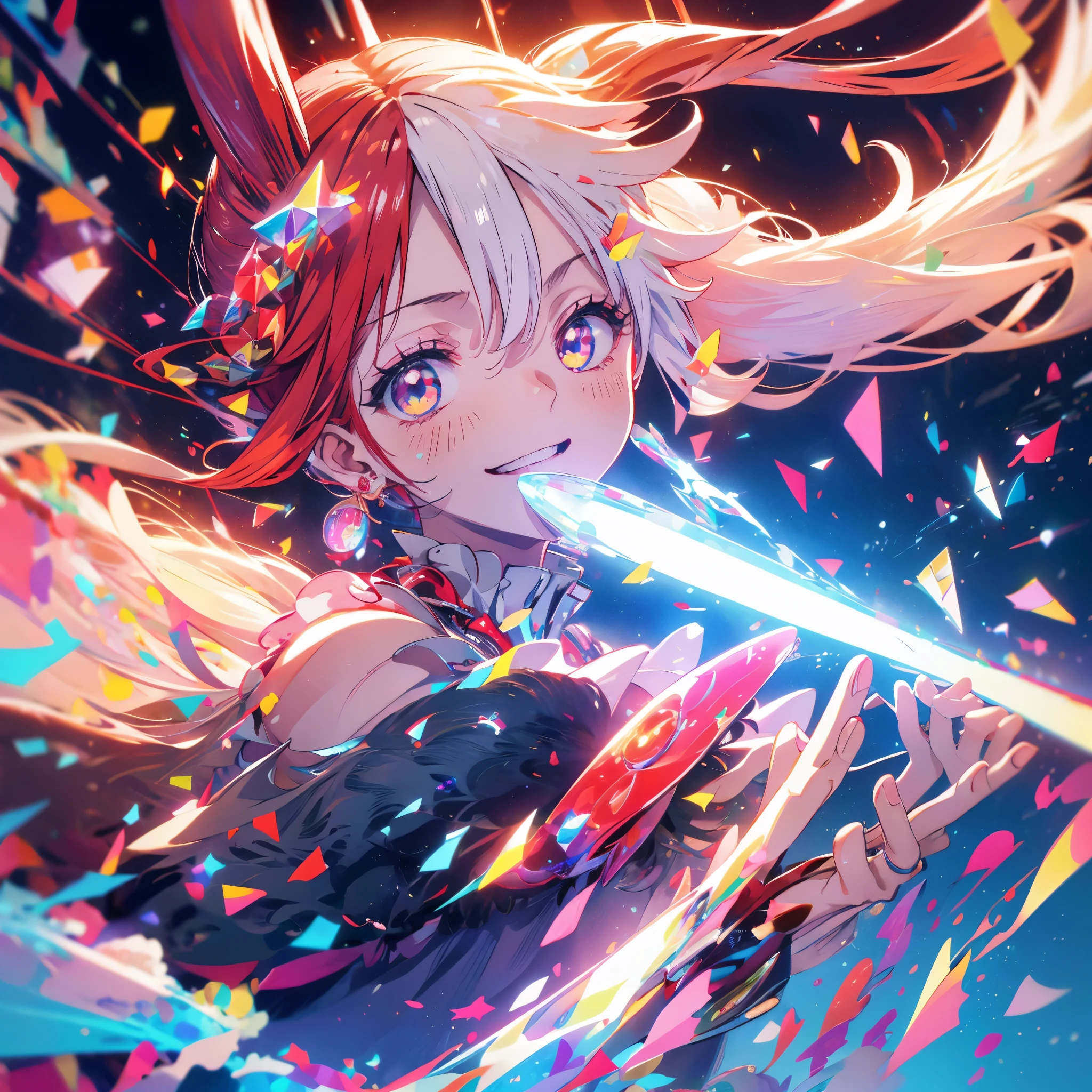 Red and white hair　Idol Floating notes in the sky　pendant　Shiny earrings　Flowing hair　stage　Bathed in light　Open your mouth　smile　Hold the microphone　Shining Aura　Shining　Crystal Eyes　Confetti　Particles of light