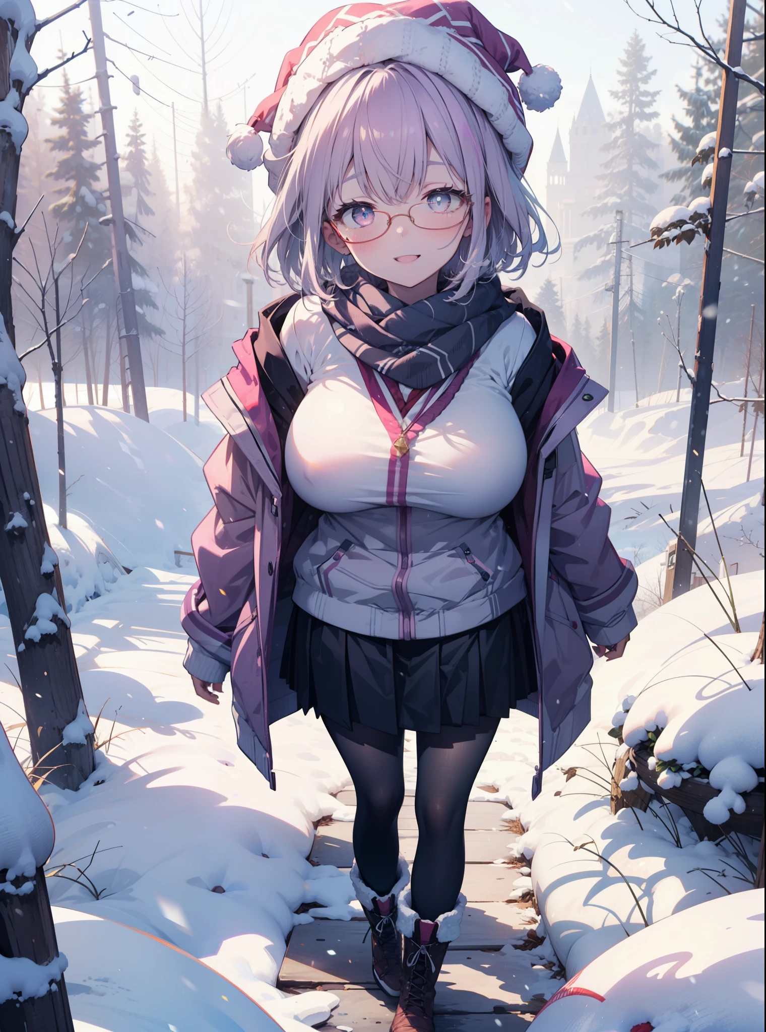 akaneshinjou, shinjou akane, Light purple hair, (Pink Eyes:1.2), short hair,Akagi Glasses,hair band,,White Breath,Big Breasts,Purple coat,White sweater,happy smile, smile, Open your mouth,Black long skirt,Gray pantyhose,Red scarf,short boots,Knitted hat,Daytime,cloudy,snow,snowが降り積もっている,whole bodyがイラストに入るように,Looking down from above,
 break looking at viewer,whole body,               　　　　　　　 break outdoors 森, nature, 　　　　　　　　　　　break (masterpiece:1.2), highest quality, High resolution, unity 8k wallpaper, (shape:0.8), (Beautiful and beautiful eyes:1.6), Highly detailed face, Perfect lighting, Extremely detailed CG, (Perfect hands, Perfect Anatomy),