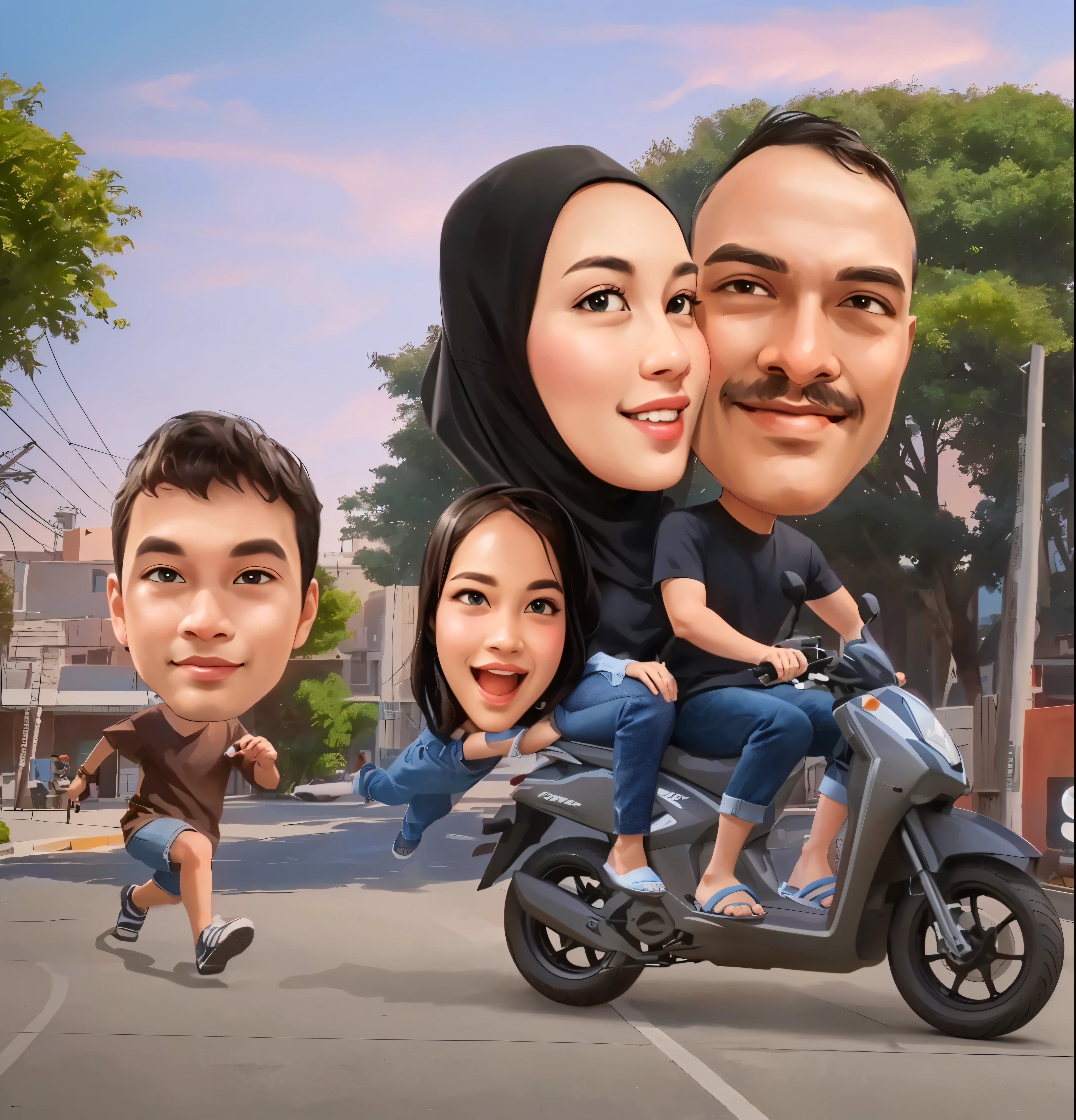 cartoon of a family riding a motorcycle in a parking lot, Everyone wears flip-flops, Mother wears the hijab, by Abidin Dino, caricature illustration, in cartoon style, caricature, an indonesian family portrait, caricature style, cartoon style illustration, cartoon art, cartoon still, realistic cartoon, potrait, digital art cartoon, cartoon digital art, cartoon style, cartoon artstyle, full protrait